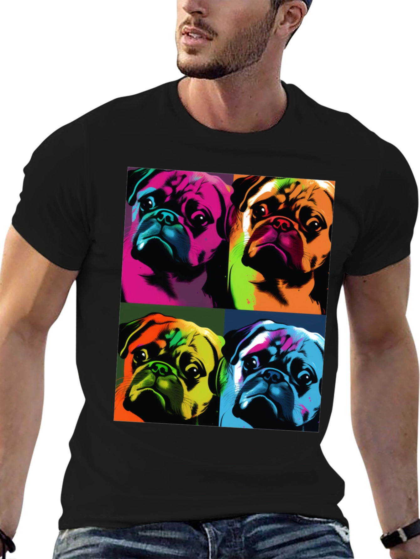 Black Pop Art Pug T-Shirt: Colorful Canine Graphic Tee view 6