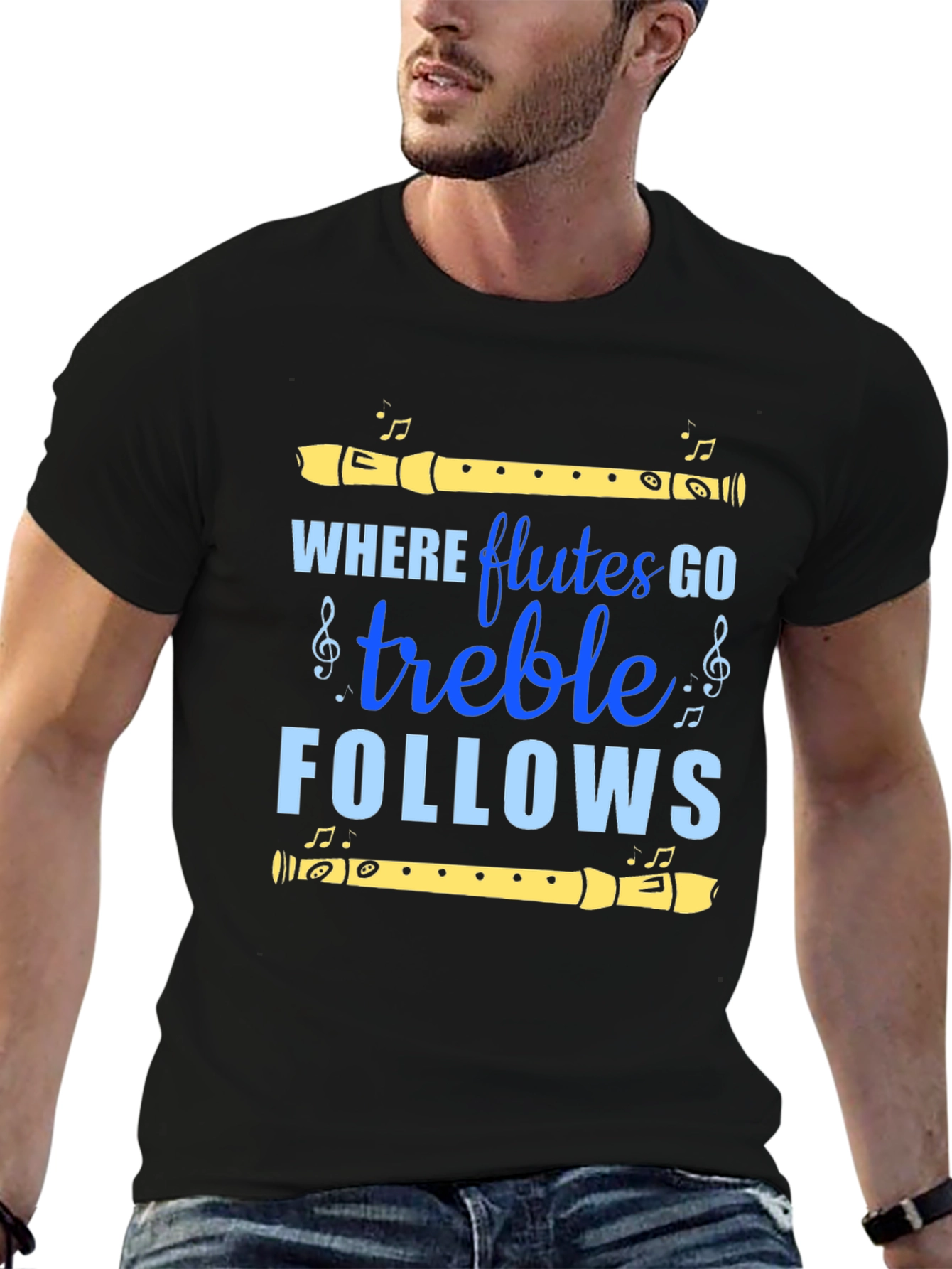 Black Flute Music T-Shirt - Treble Follows Tee view 6