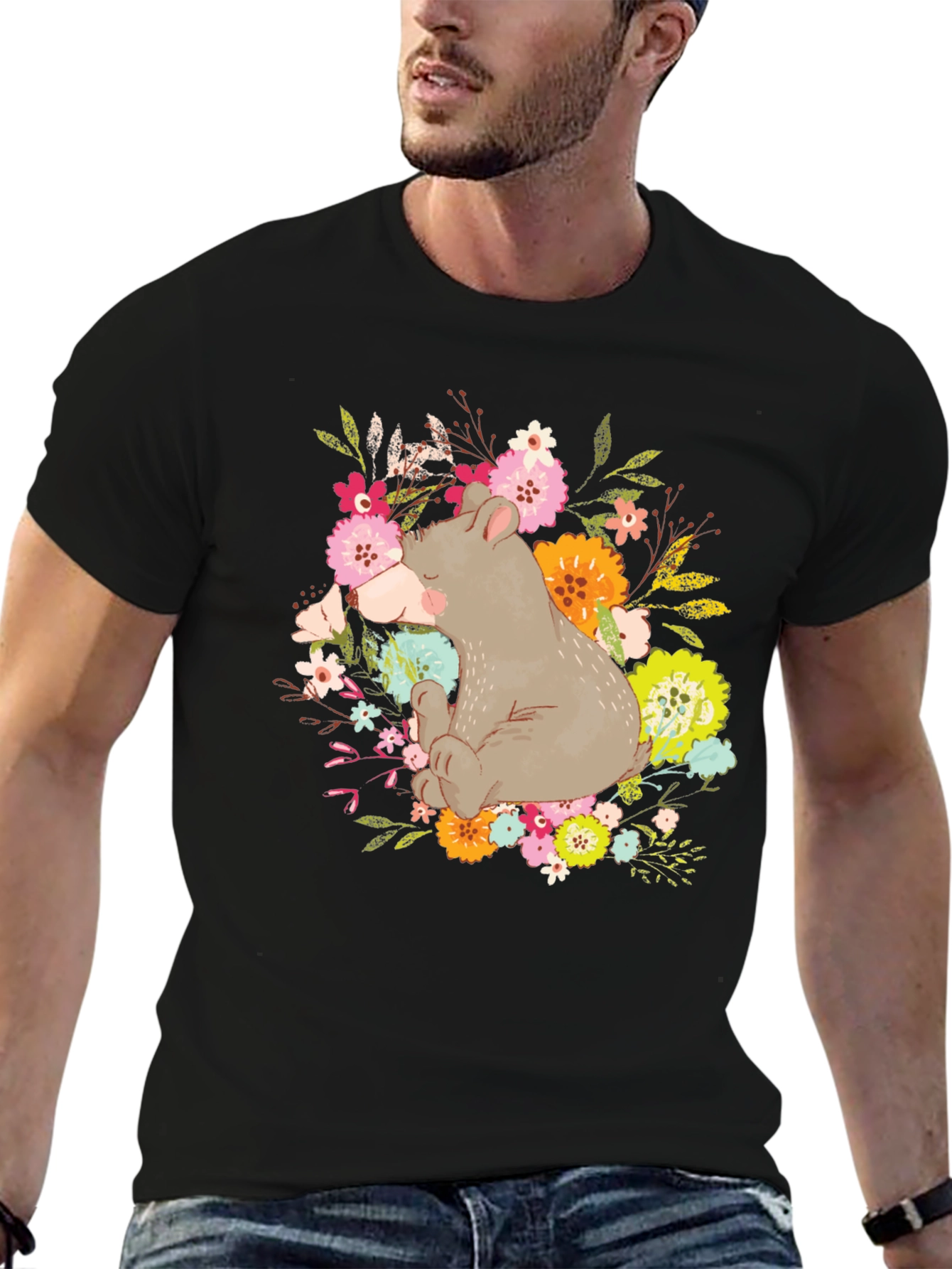Black Cute Bear Floral T-Shirt - Unisex Graphic Tee view 6