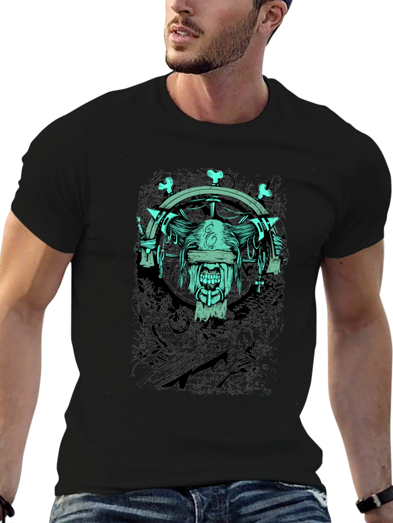Black Men's Black Graphic T-Shirt - Mystic Blinded Skull Design view 6