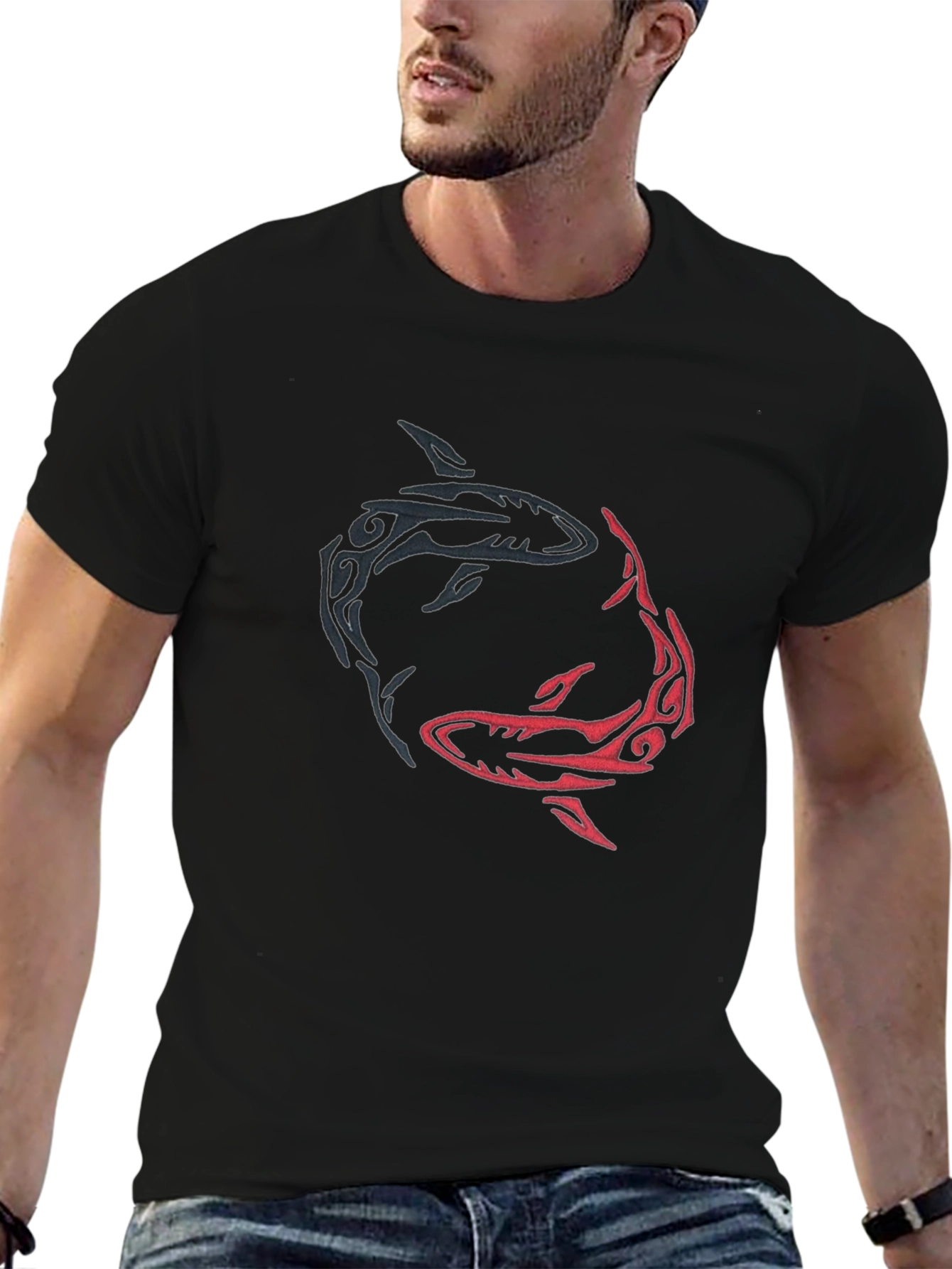 Black Yin Yang Sharks Graphic Tee - Black Cotton Blend view 6