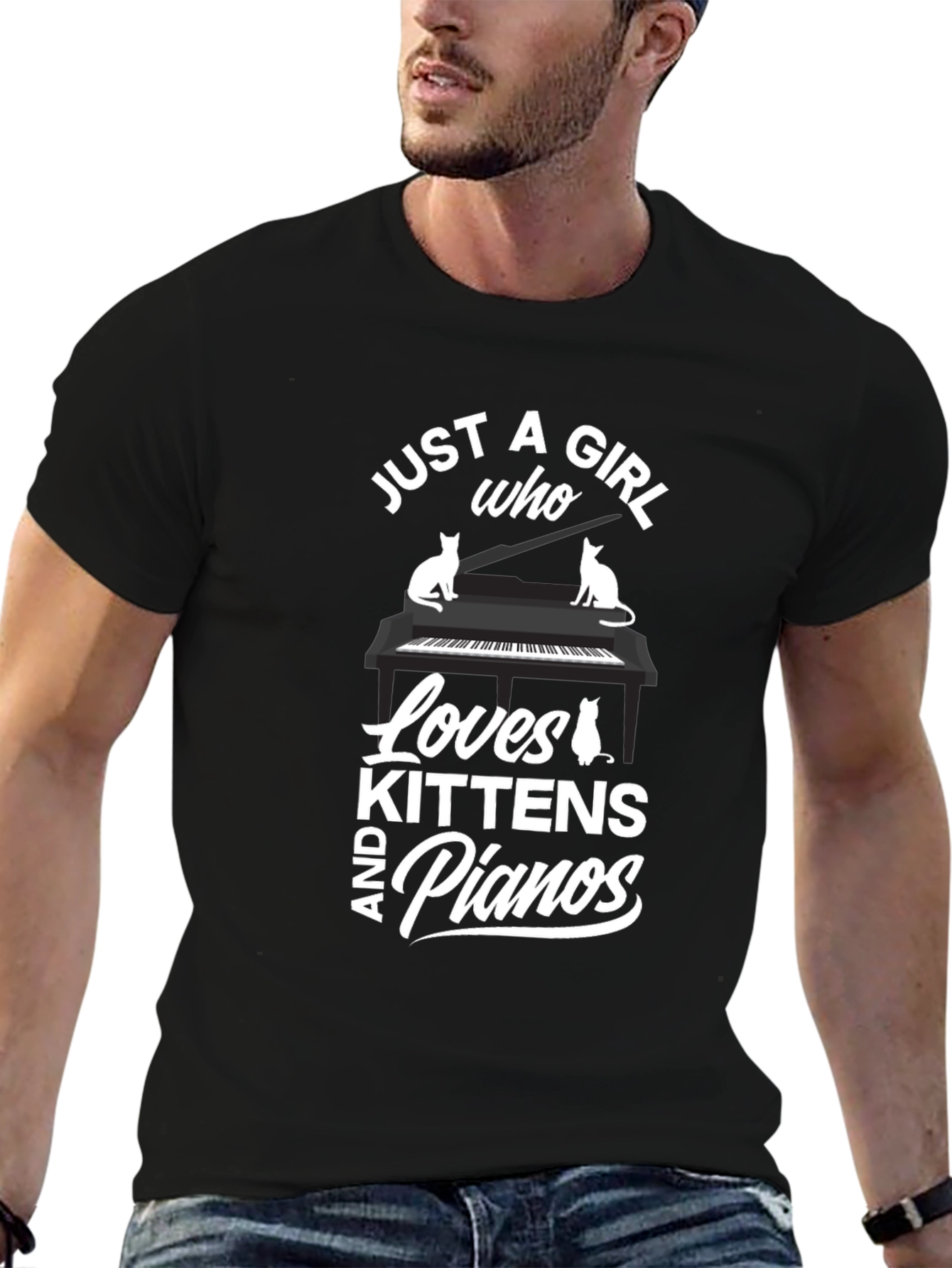 Black Just a Girl Who Loves Kittens and Pianos Black T-Shirt view 6