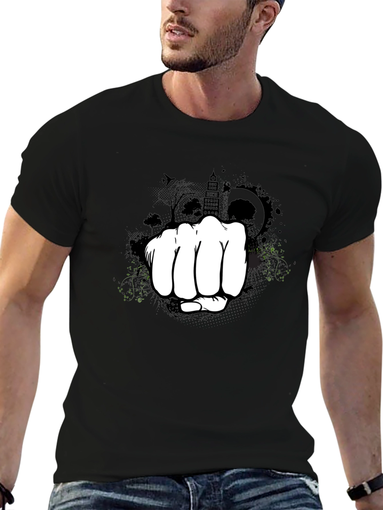 Black Urban Fist Graphic Tee - Black Cotton Blend Shirt view 6