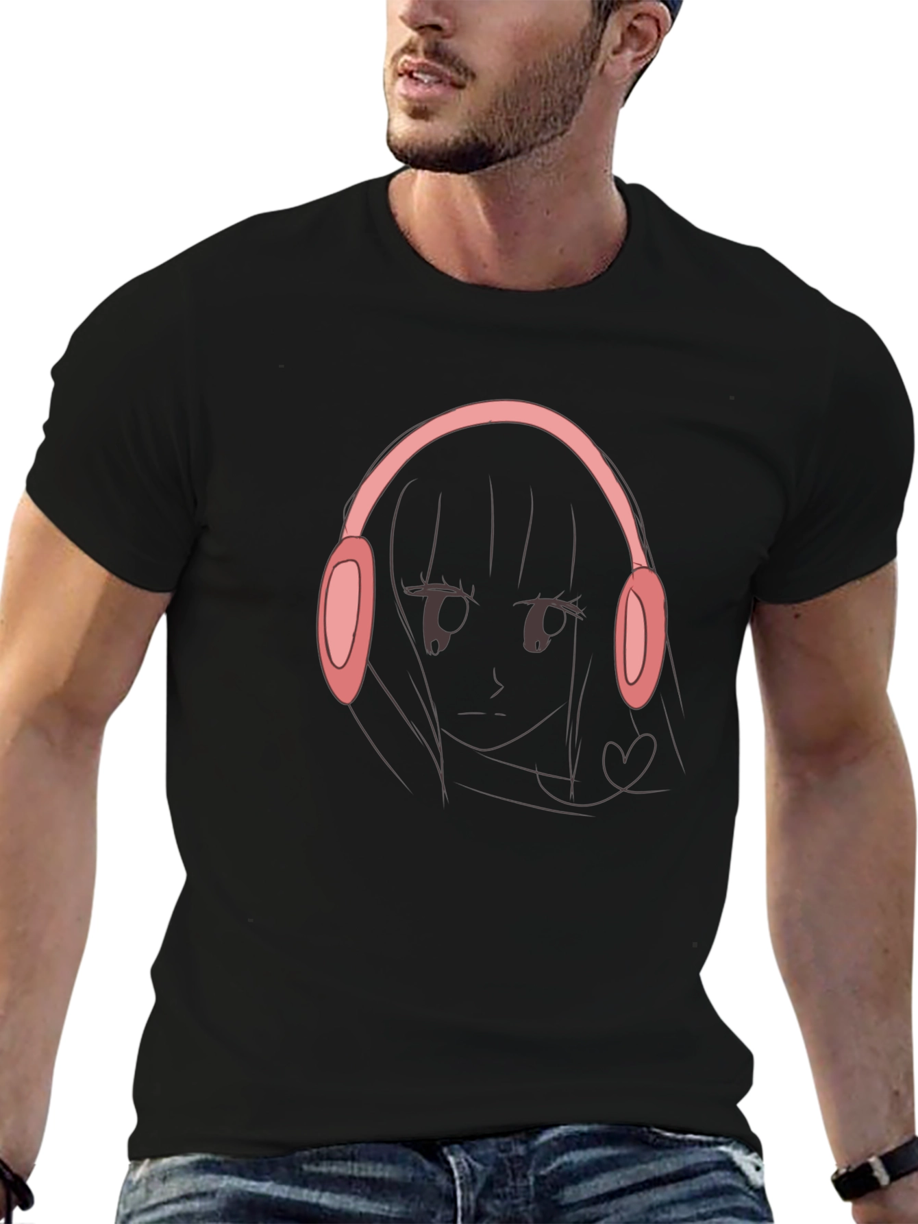 Black Anime Girl Headphones Graphic Black T-Shirt view 6