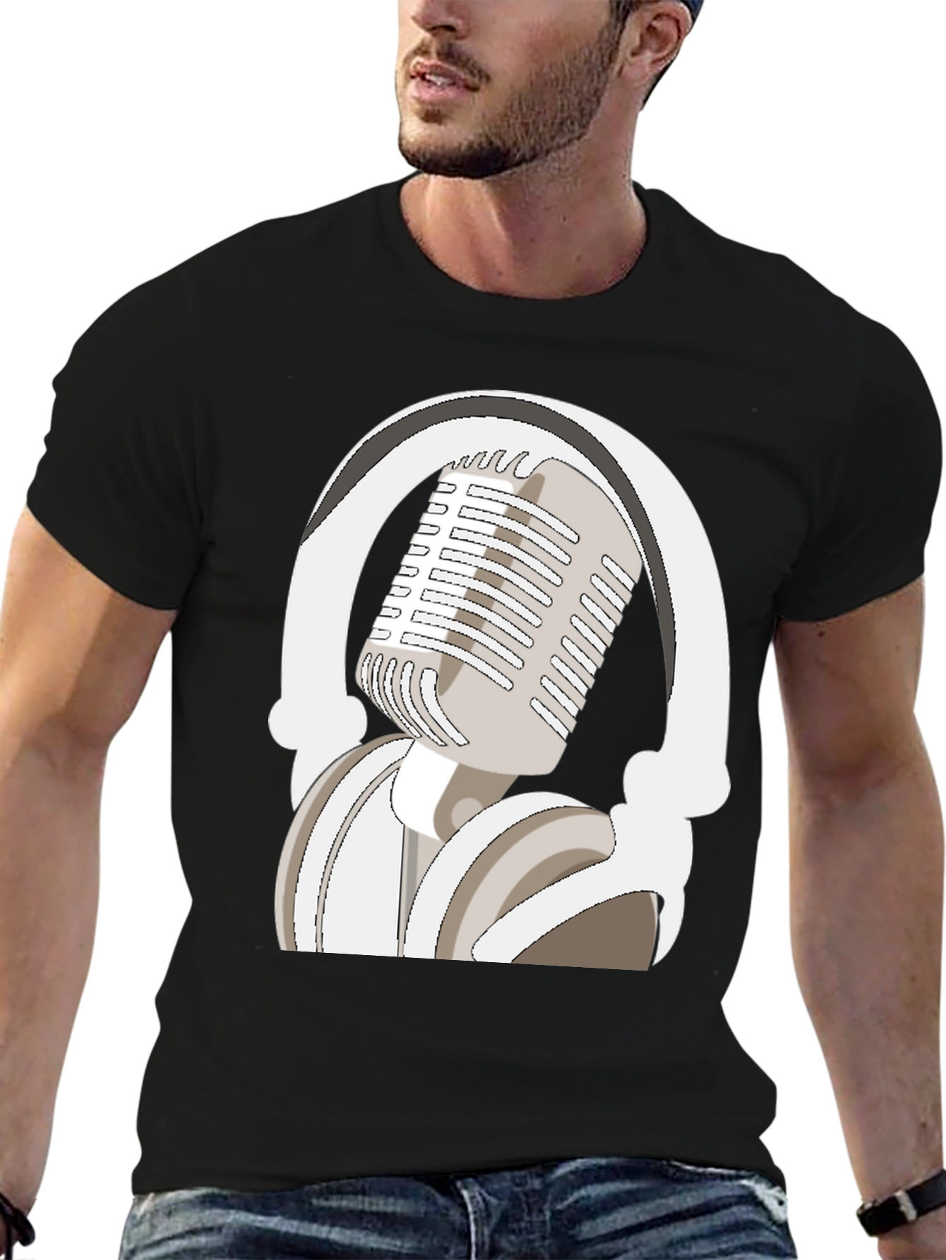 Black Microphone and Headphones Graphic Tee view 6