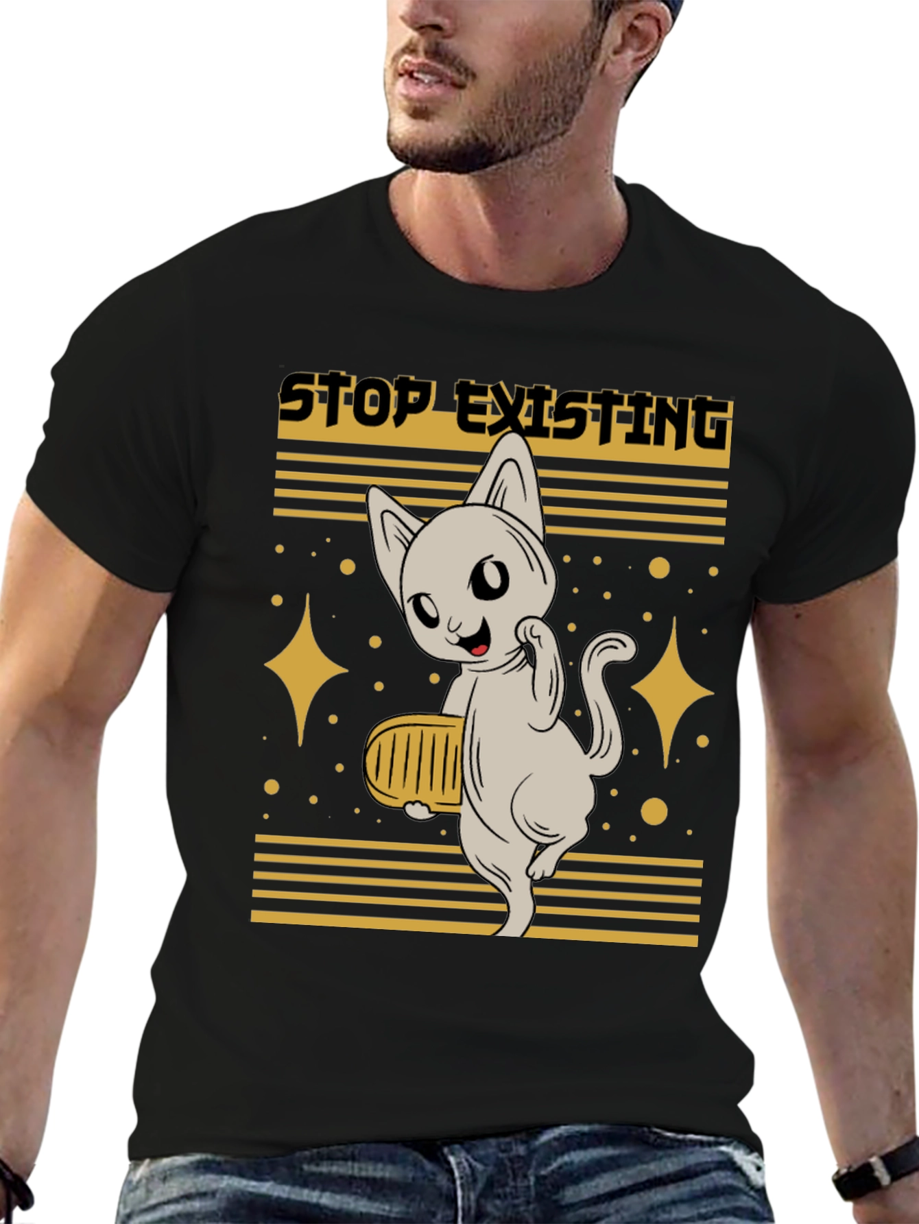 Black Stop Existing Cat Graphic Tee - Men's Black T-Shirt view 6
