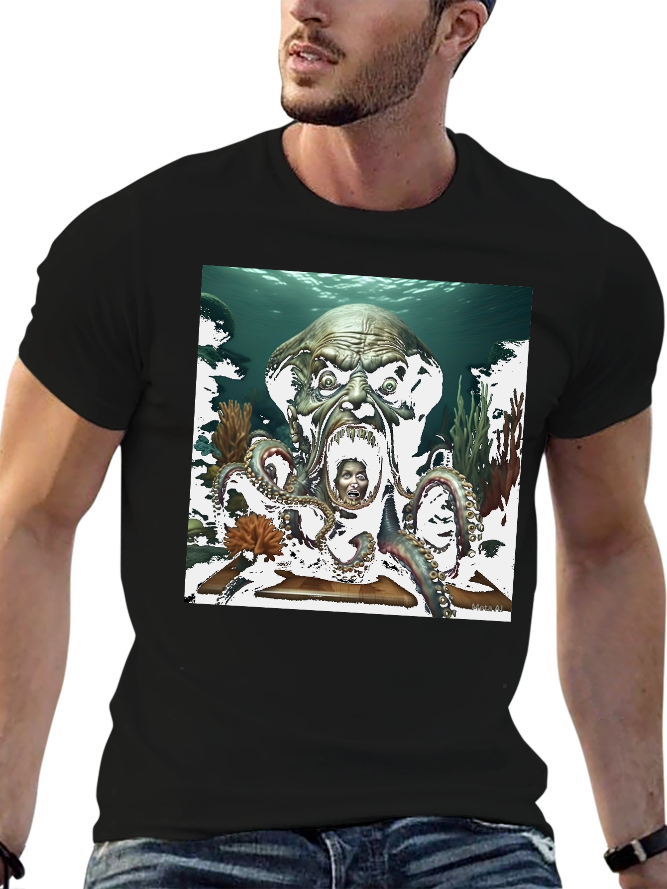 Black Octopus Monster Graphic Black T-Shirt view 6