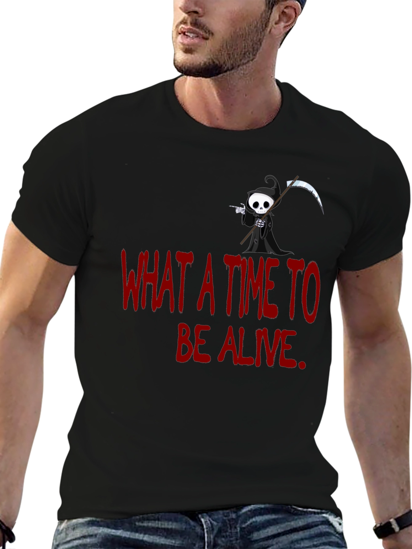Black Grim Reaper Graphic T-Shirt - "What A Time To Be Alive" view 6