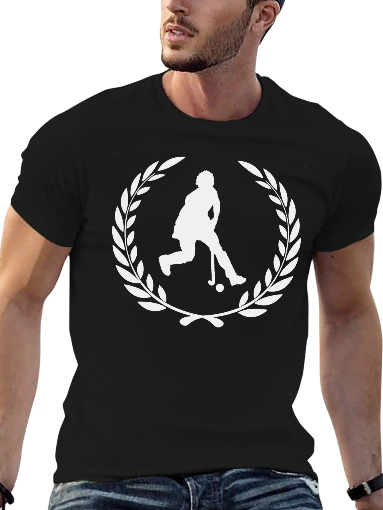 Black Hockey Player Laurel Wreath Graphic Tee - Black view 6