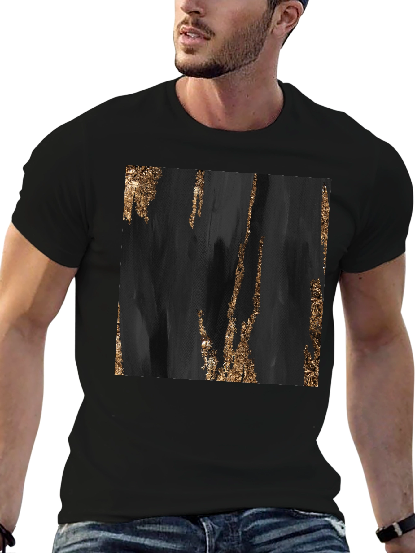 Black Abstract Gold Foil Print Black T-Shirt view 6