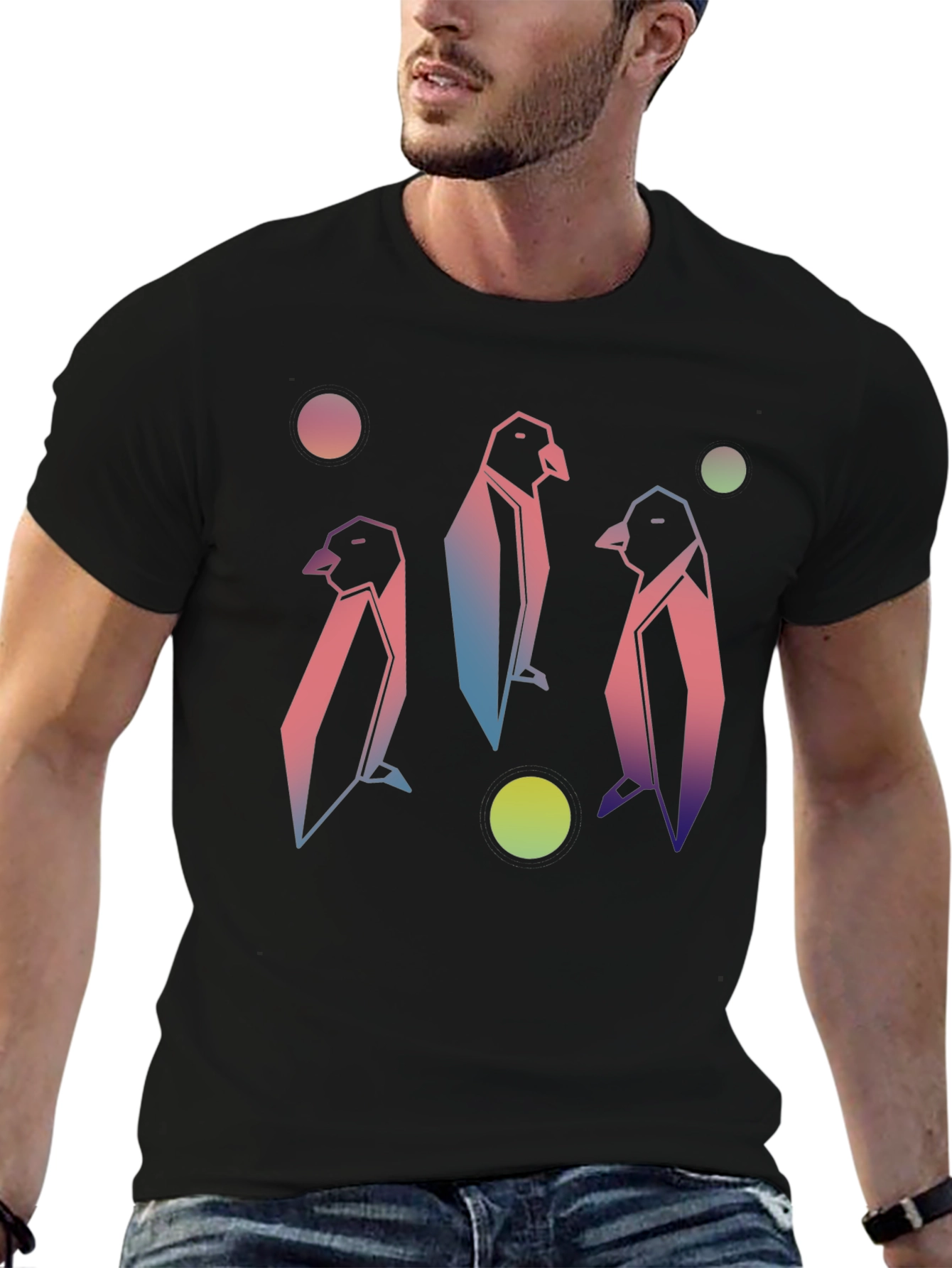 Black Geometric Penguin Graphic Tee - Trendy Style view 6