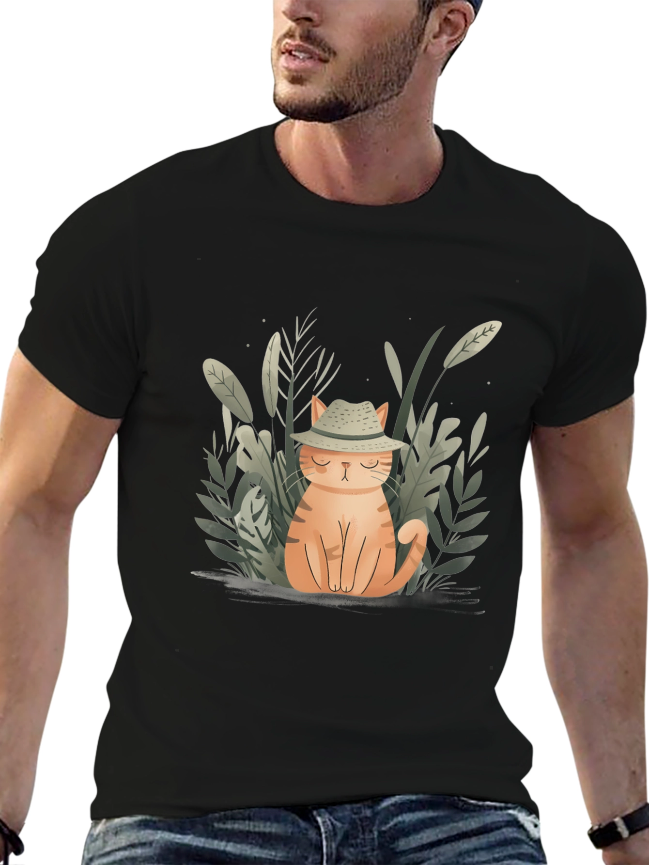 Black Cute Cat in Hat Graphic Tee - Unisex Black T-Shirt view 6