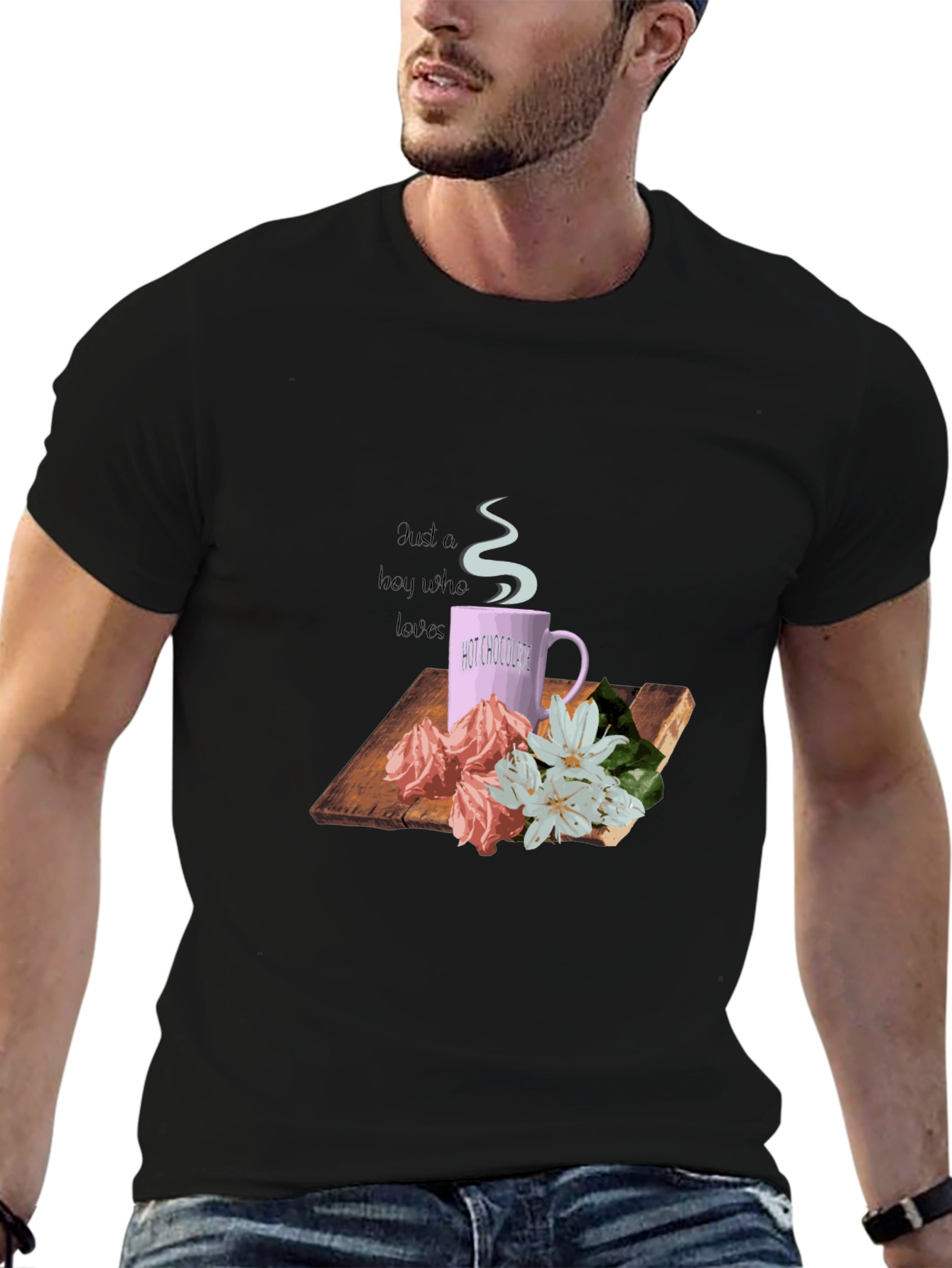 Black Hot Chocolate & Flowers Graphic Tee - Black view 6