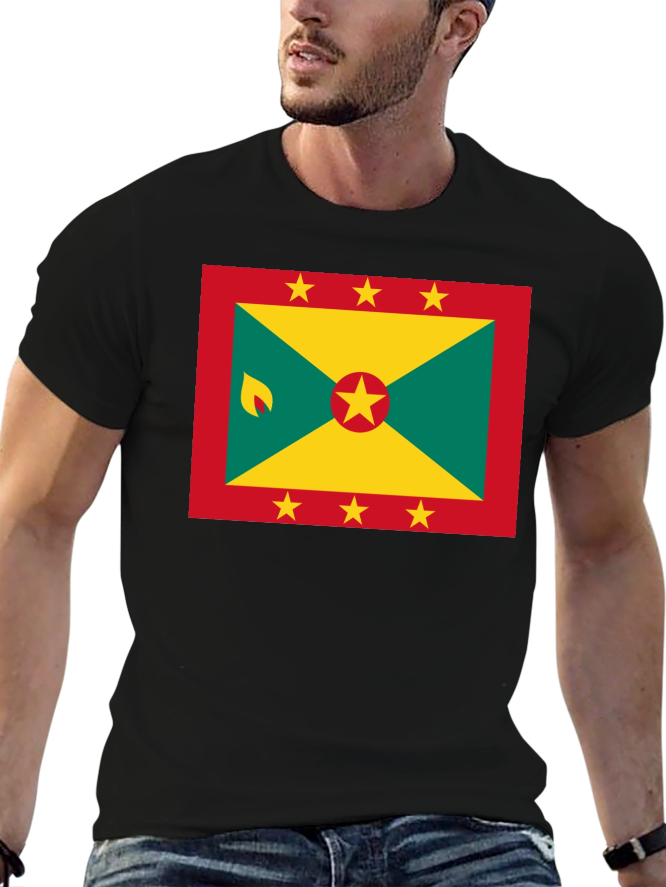 Black Grenada Flag T-Shirt - Black Crew Neck view 6