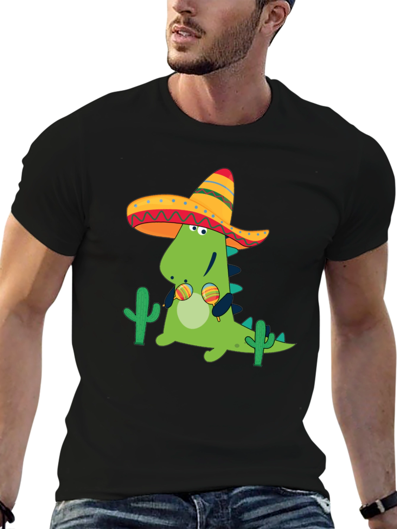 Black Dino Fiesta Black T-Shirt - Maracas & Sombrero view 6