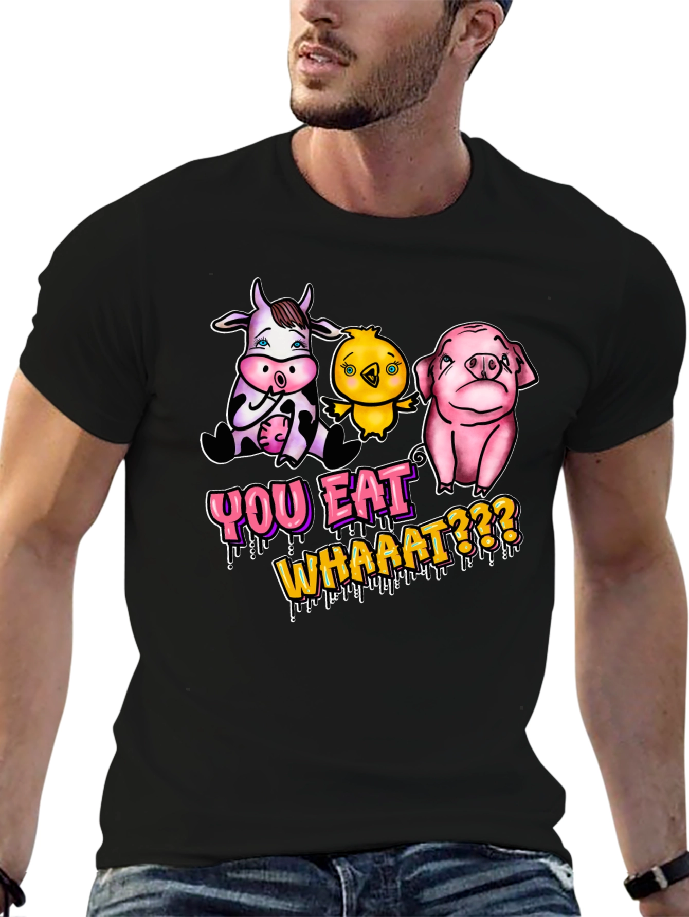 Black Vegan T-Shirt: You Eat Whaaat??? Funny Animal Design view 6