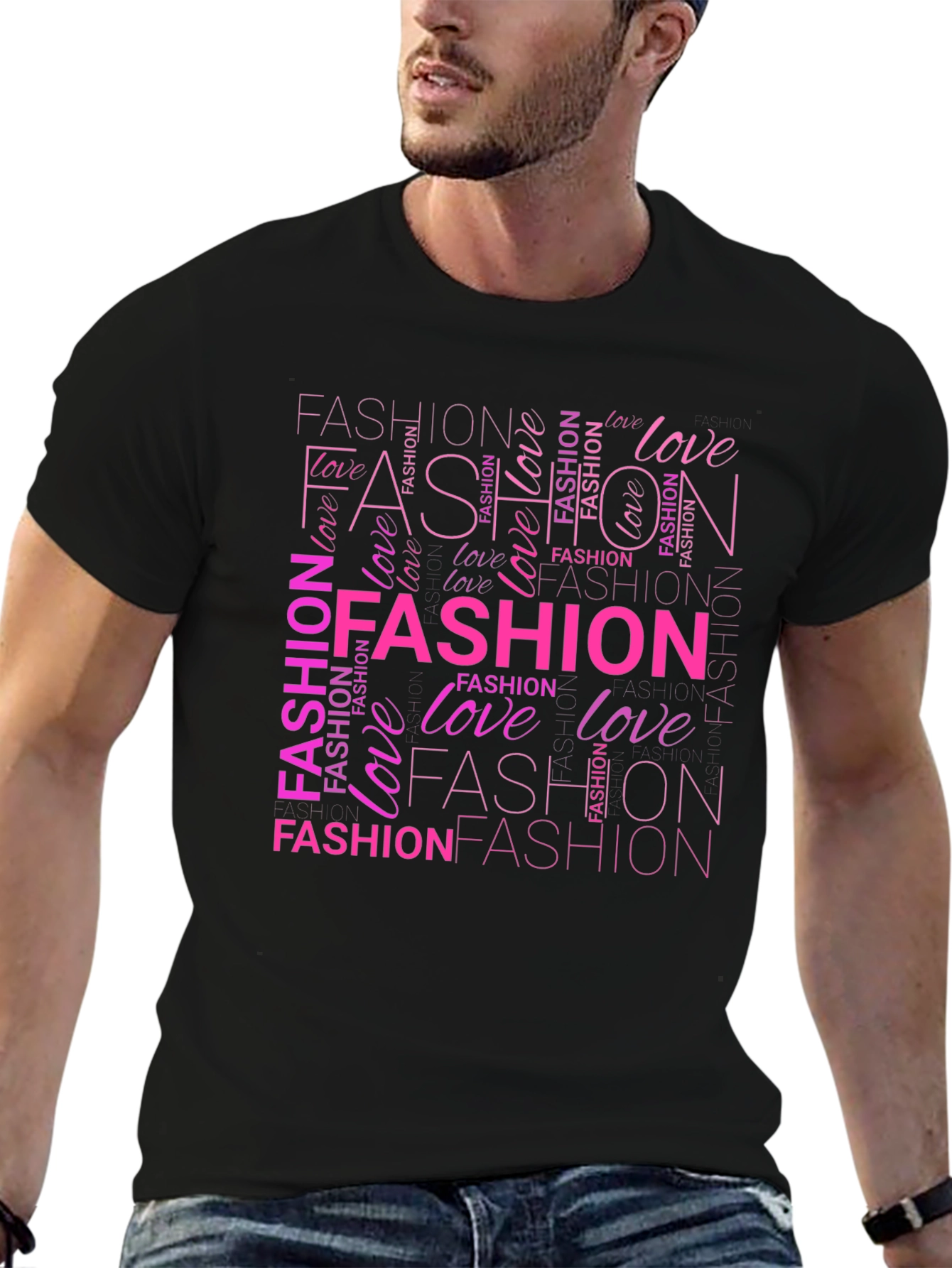 Fashion & Love Pink Word Art Print Black T-Shirt - 6