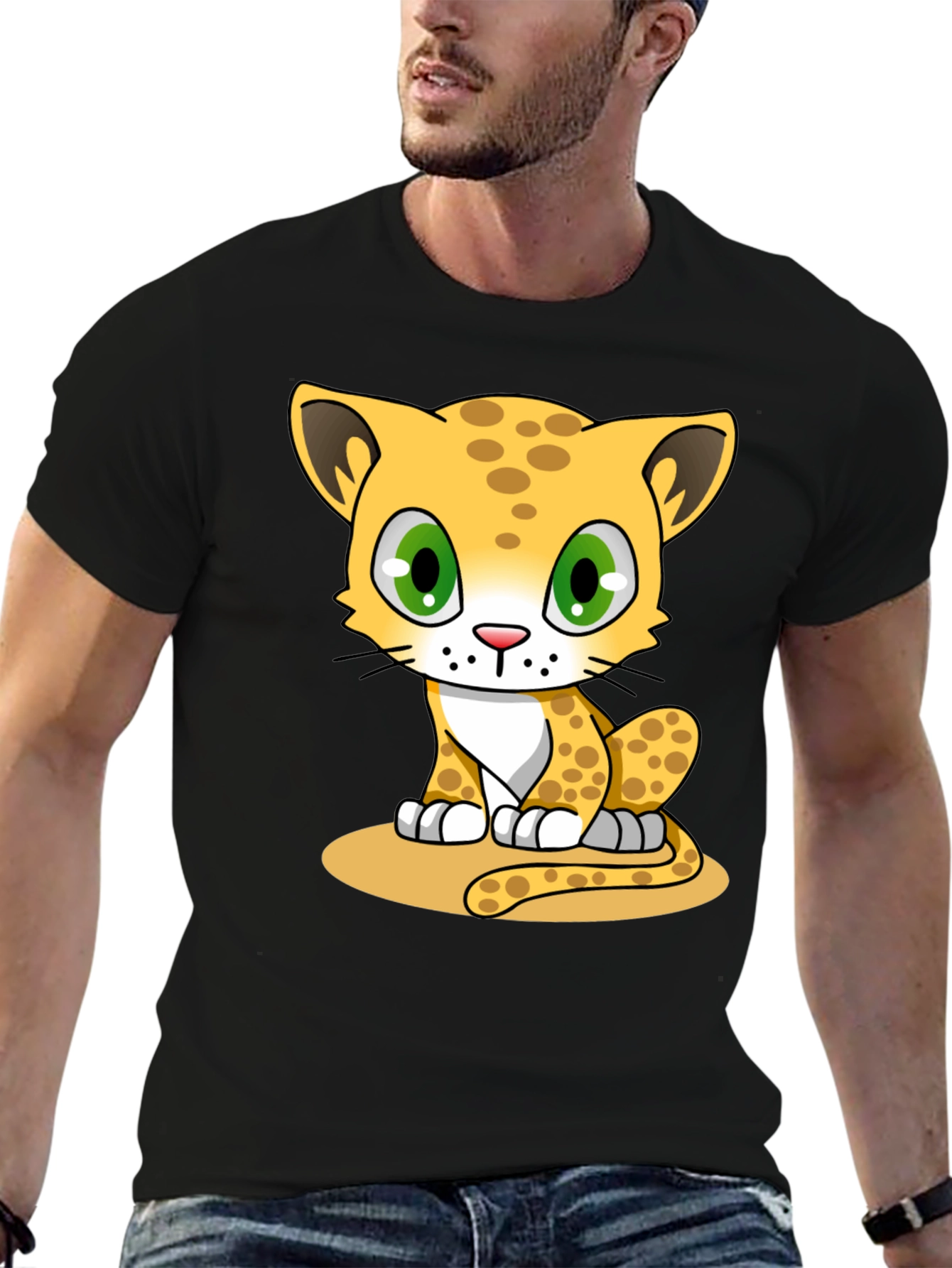 Black Cute Cartoon Leopard Black T-Shirt view 6
