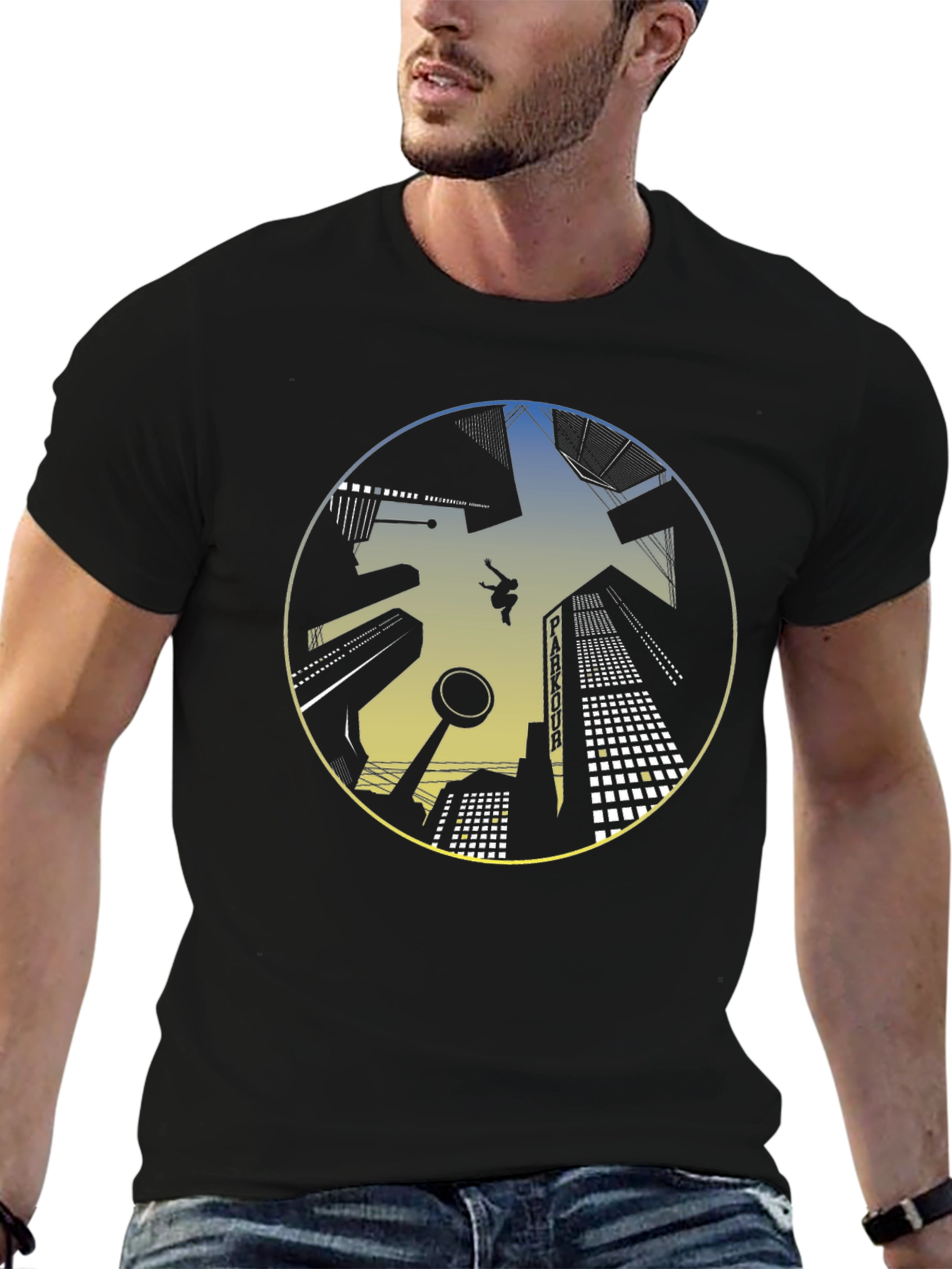 Black Parkour Cityscape Graphic T-Shirt view 6