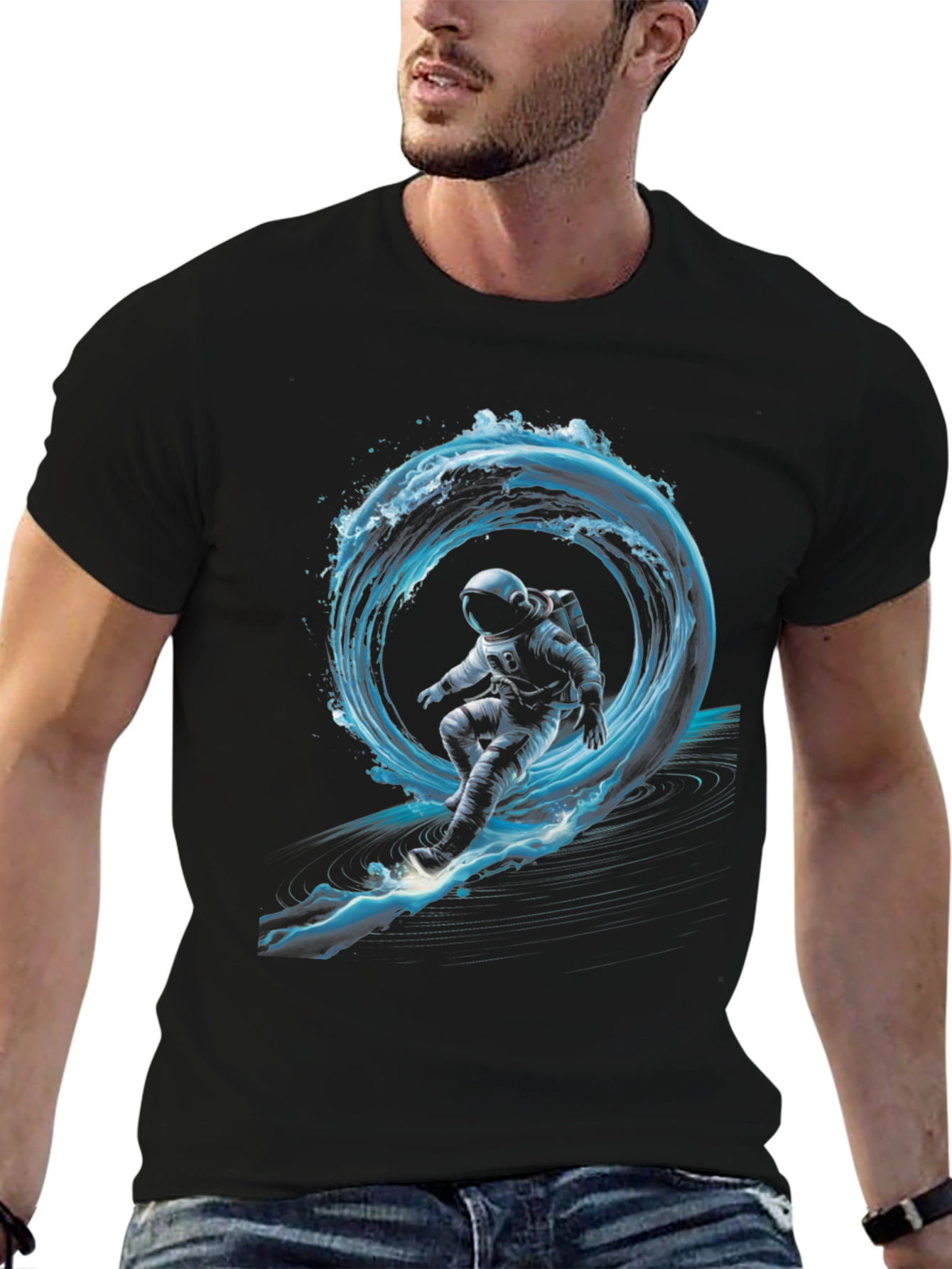 Black Astronaut Surfing Waves Black T-Shirt view 6