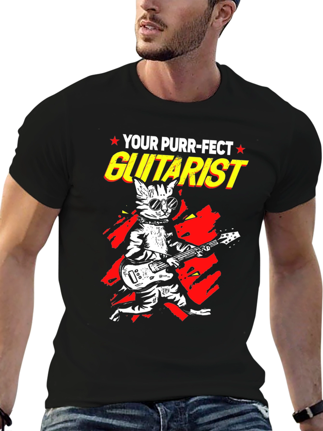 Black Purr-fect Guitarist Black Graphic Tee view 6