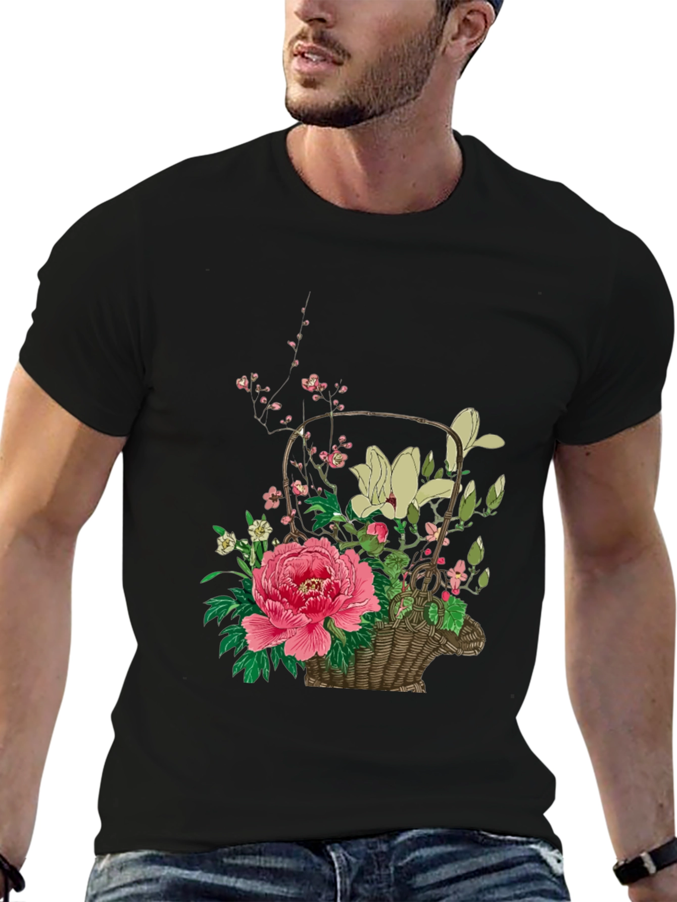 Black Floral Basket Graphic Tee - Stylish & Unique Design view 6