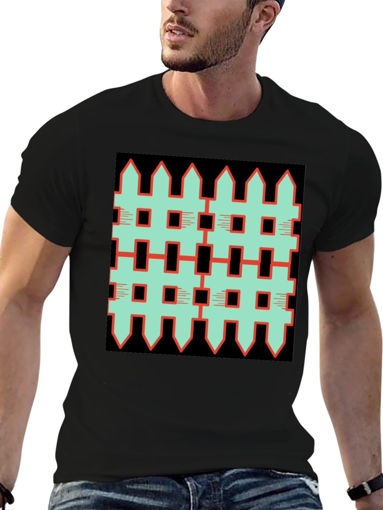 Black Unique Fence Pattern Graphic Tee - Black view 6