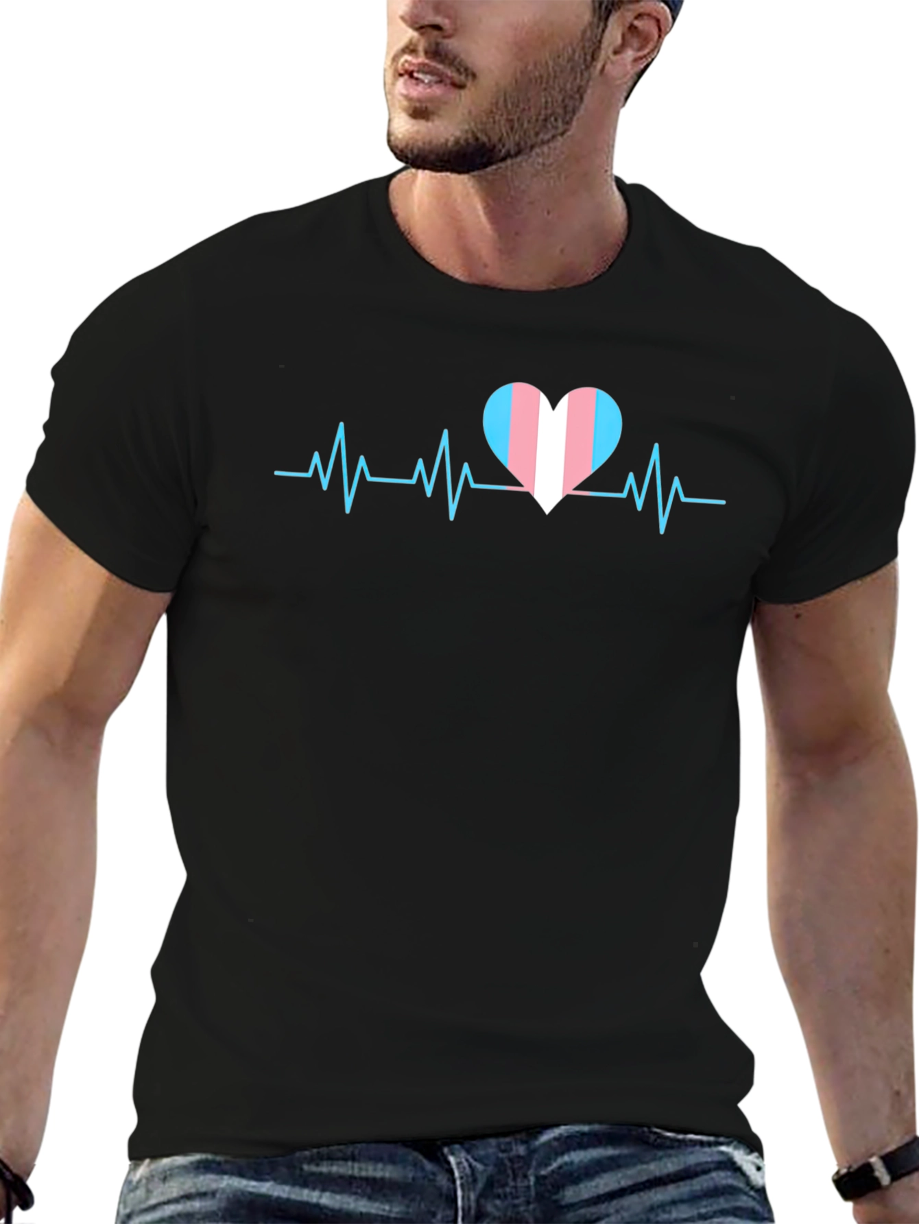 Black Transgender Pride Heartbeat T-Shirt - Black view 6