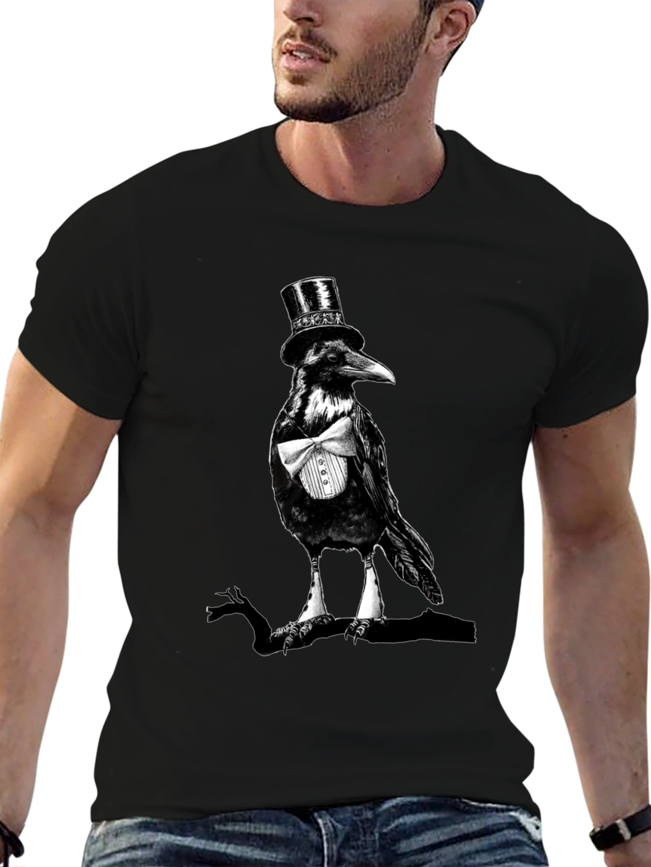 Black Raven Top Hat Bowtie T-Shirt, Mens Black Tee view 6