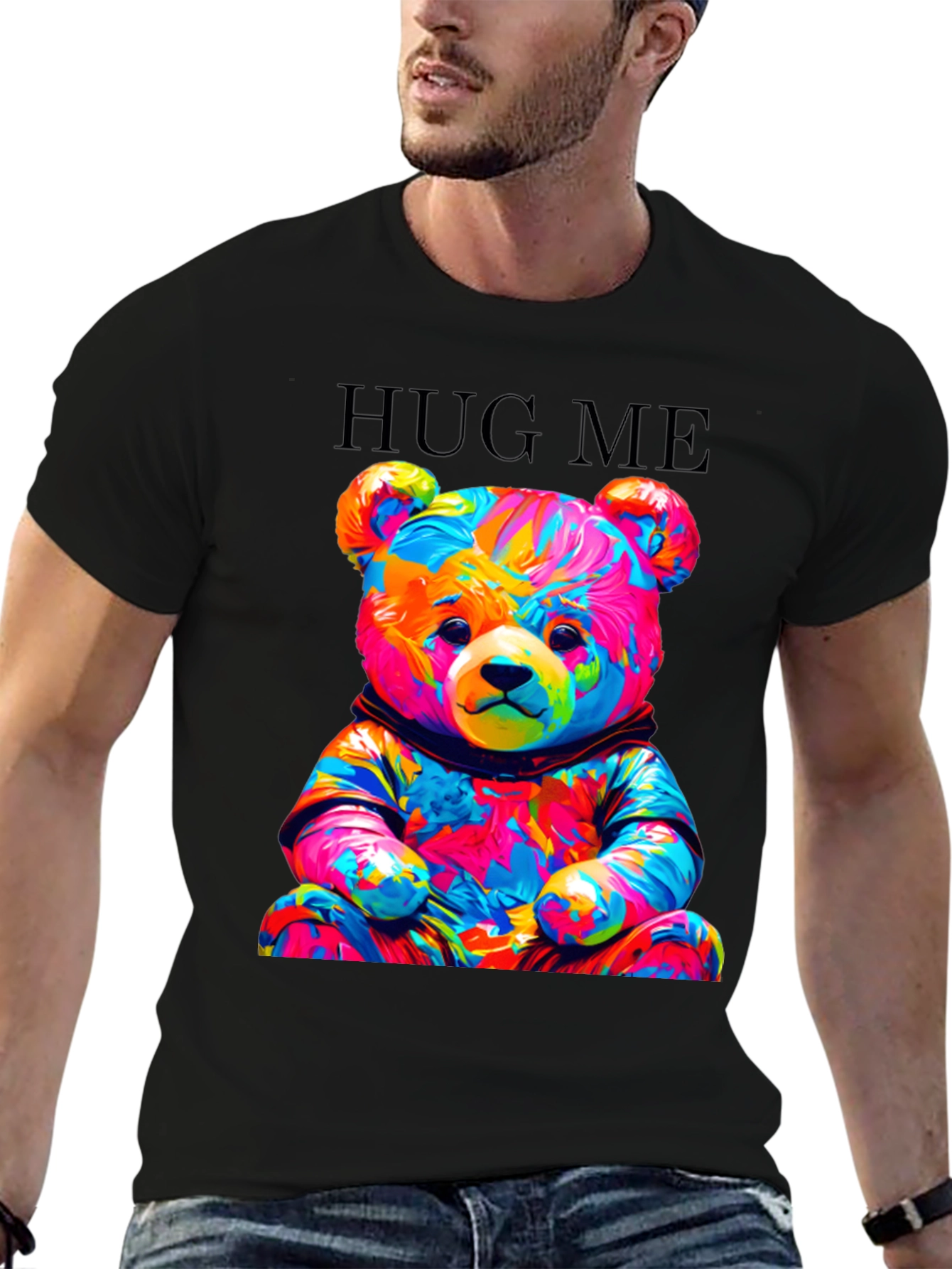 Black Colorful Teddy Bear Hug Me Graphic T-Shirt view 6