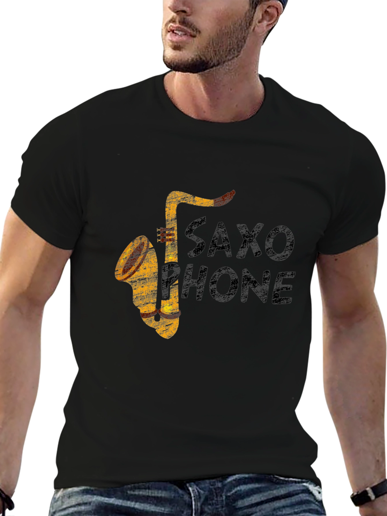 Black Vintage Saxophone Graphic Print Black T-Shirt view 6