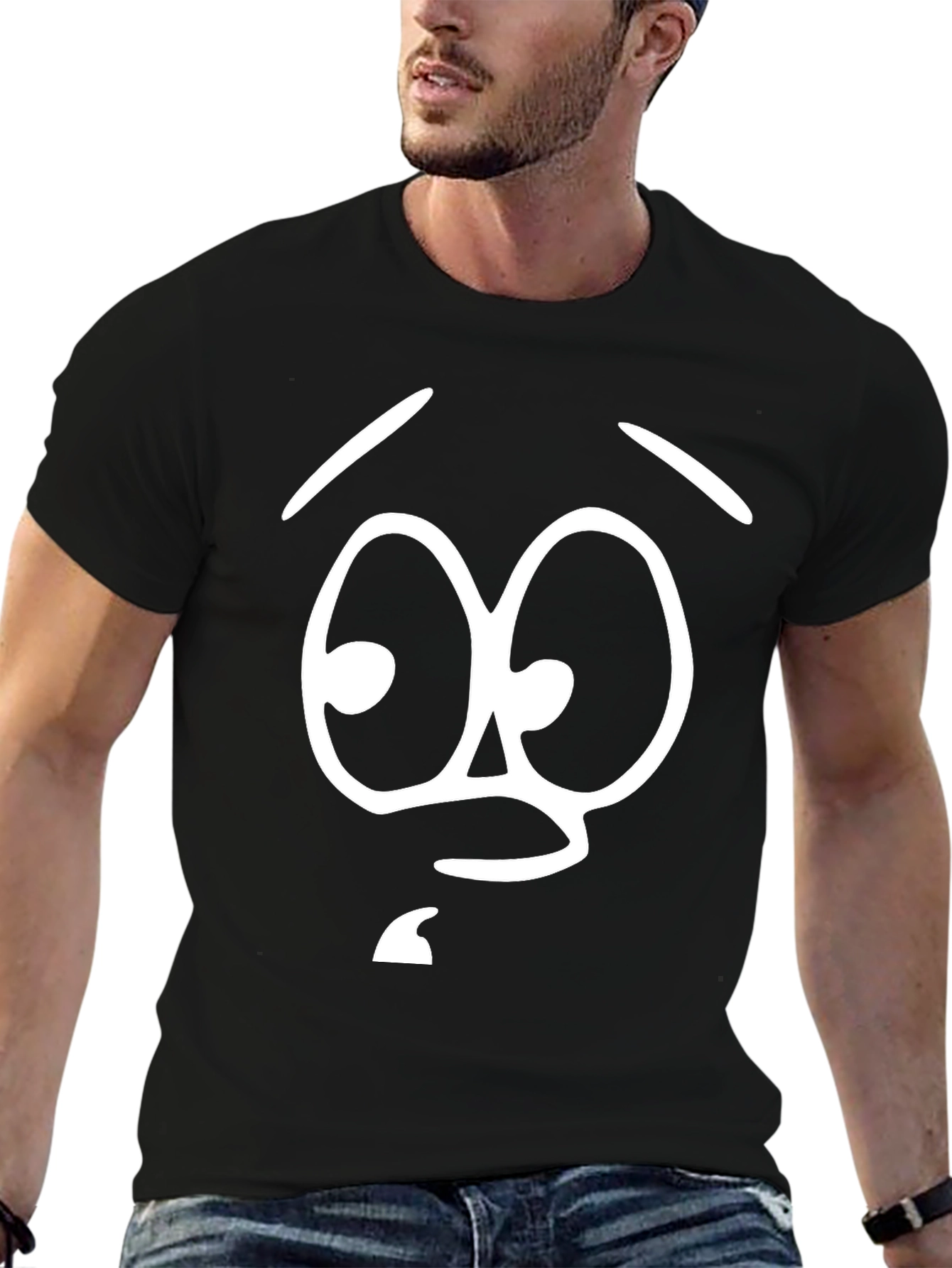 Black Funny Cartoon Face Graphic Tee - Black Cotton T-Shirt view 6