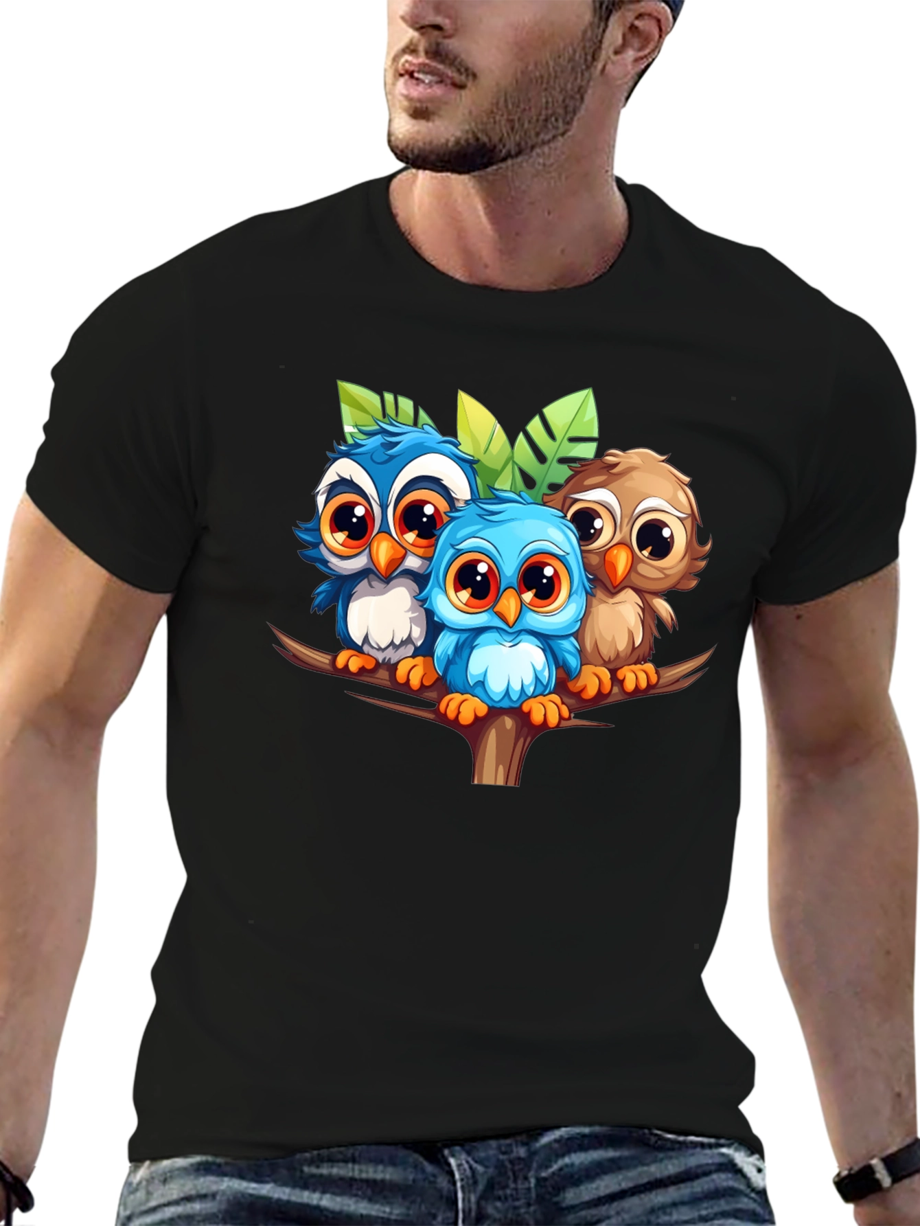 Black Cute Owls Graphic Tee - Black Unisex T-Shirt view 6