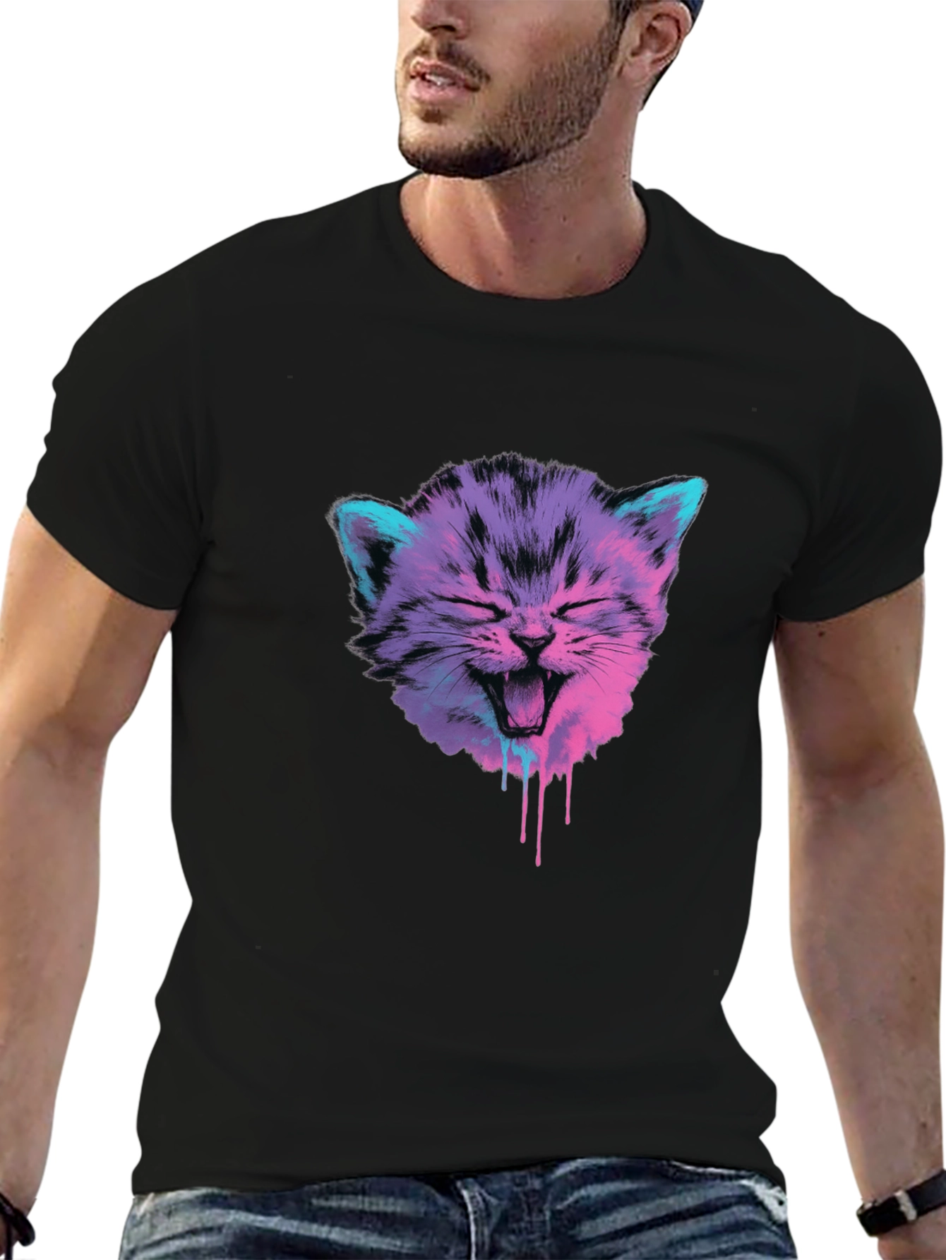 Black Vaporwave Cat Graphic Tee - Black Cotton Blend view 6