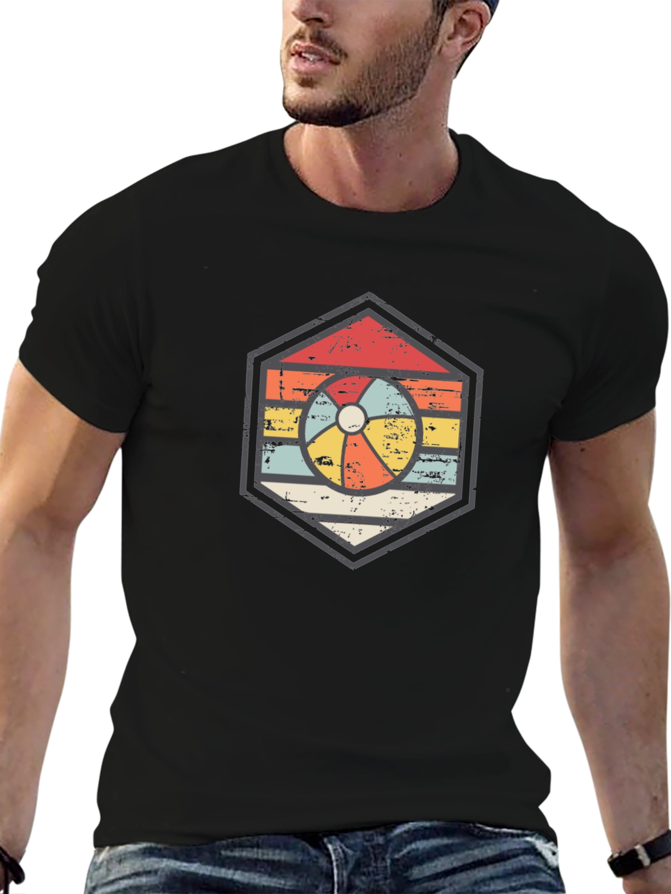 Black Retro Beach Ball Graphic Tee - Unisex Black T-Shirt view 6