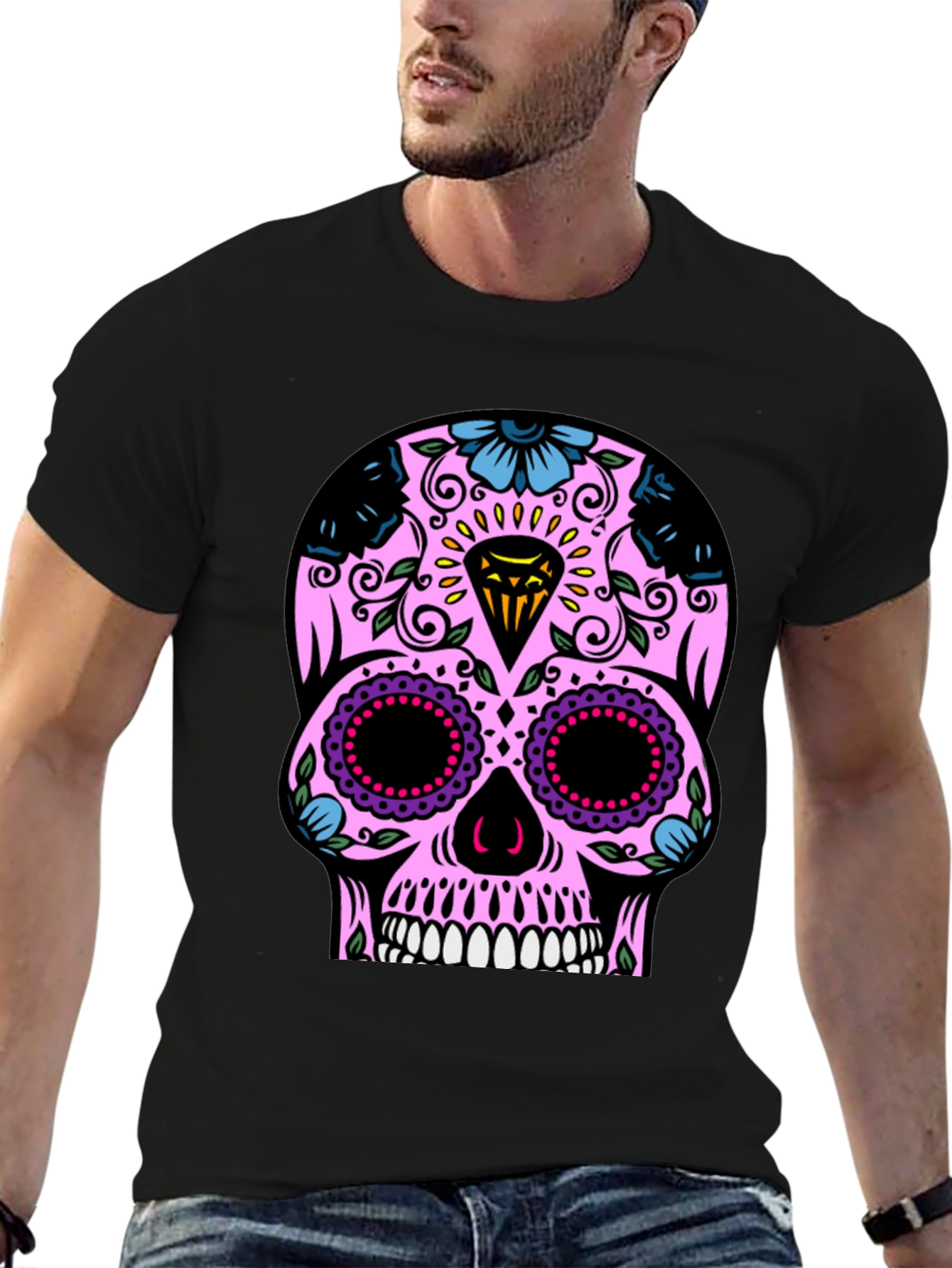Black Sugar Skull T-Shirt - Black Graphic Tee view 6