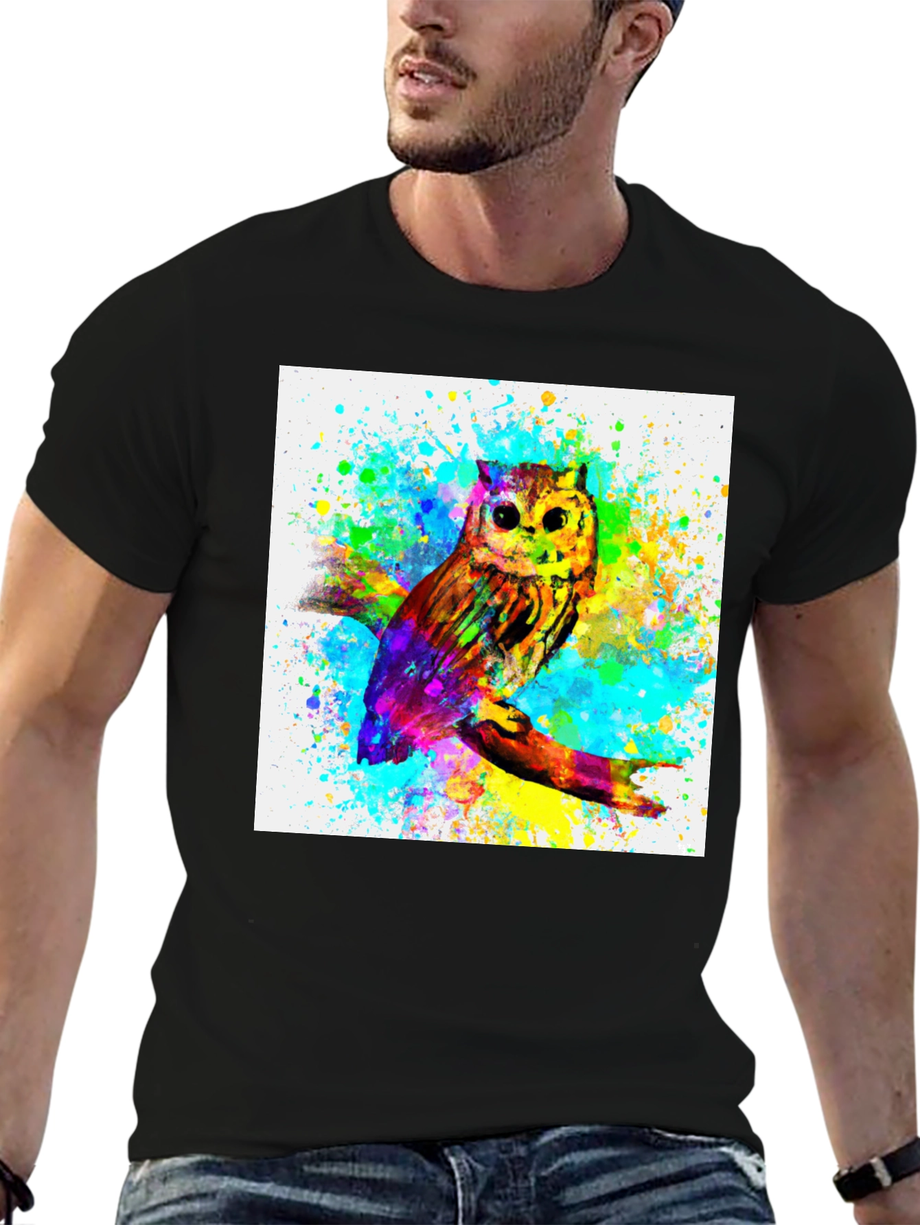 Black Watercolor Owl Graphic Black T-Shirt view 6