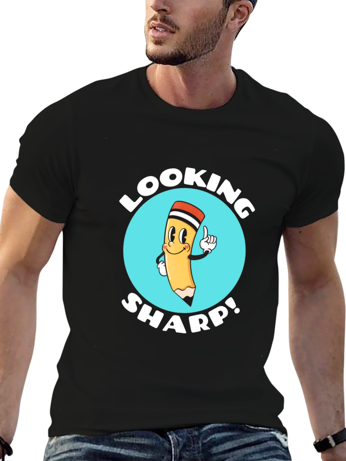 Black Looking Sharp T-Shirt - Funny Cartoon Pencil view 6