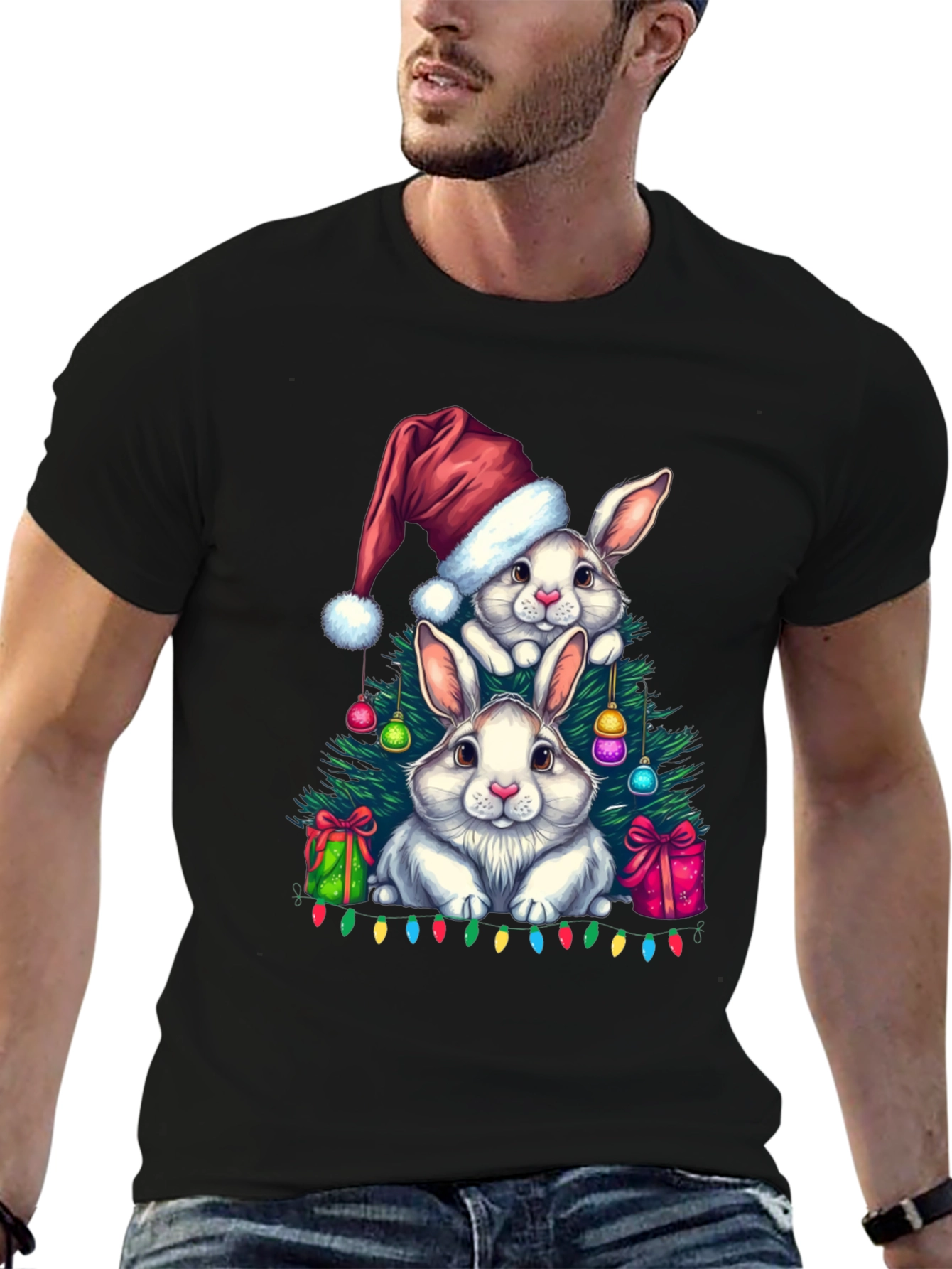 Black Christmas Bunny T-Shirt: Festive Holiday Rabbit Design view 6