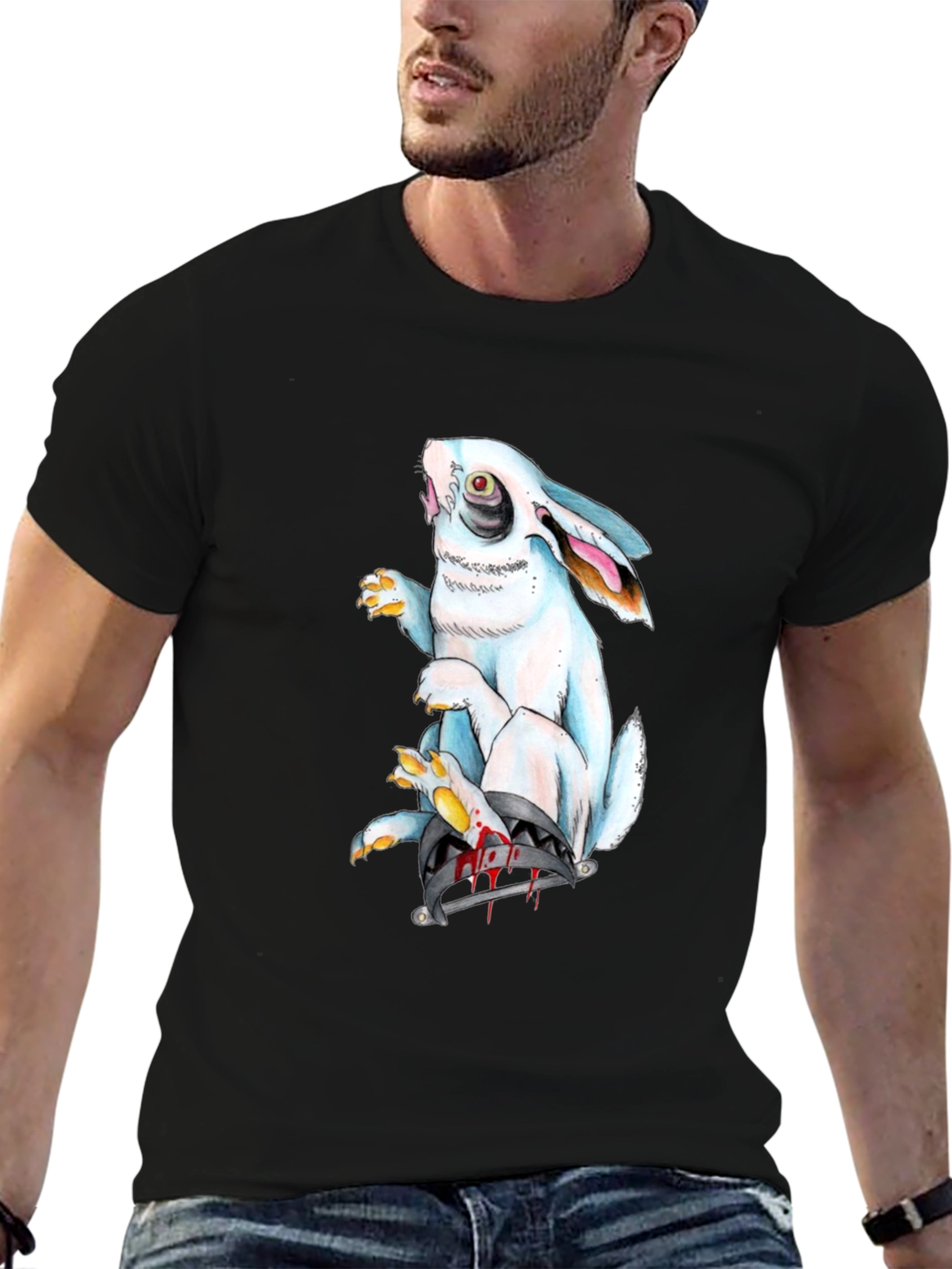 Black Creepy Rabbit Graphic Black T-Shirt view 6