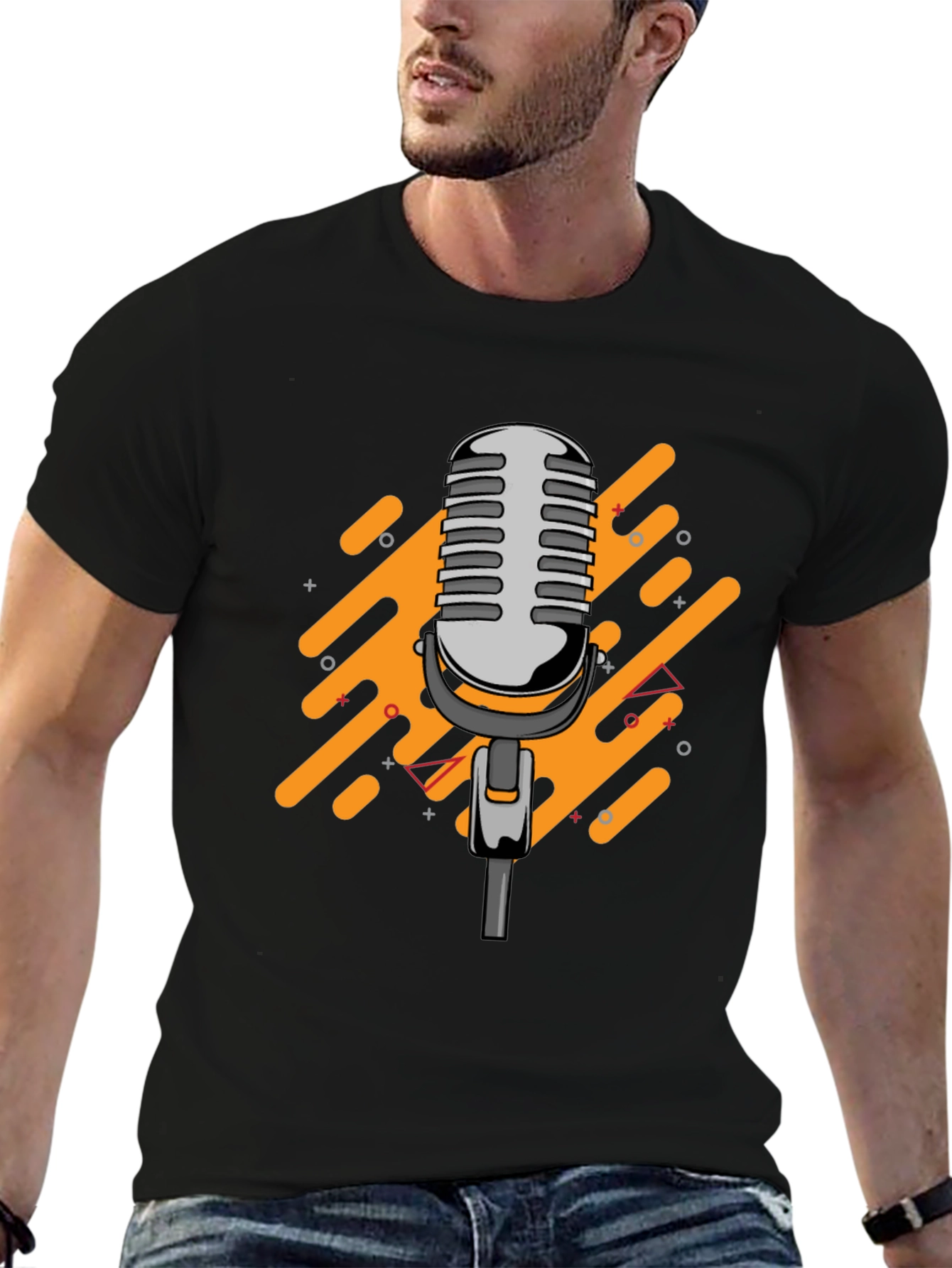 Black Retro Microphone Graphic Black T-Shirt view 6