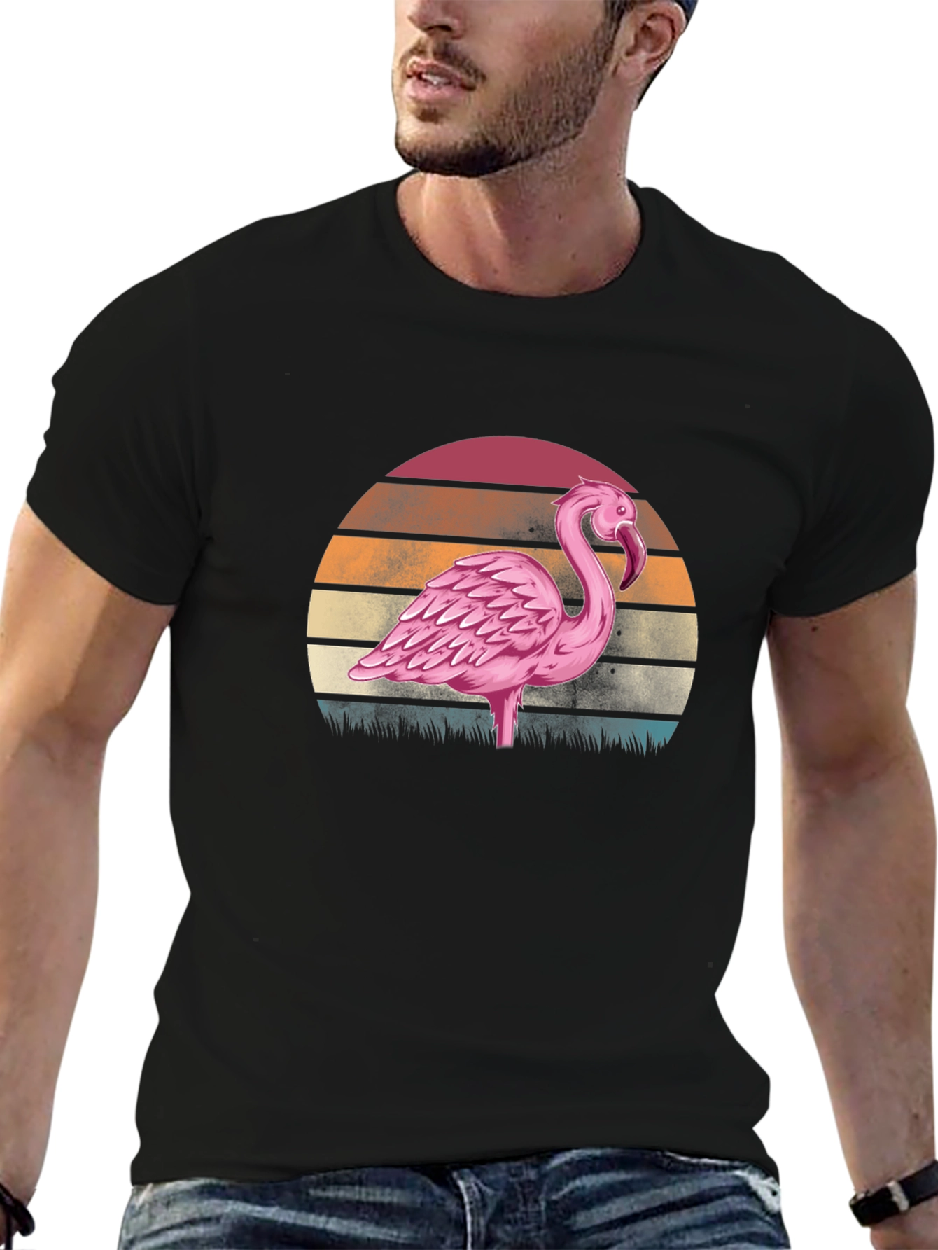 Black Retro Flamingo Sunset T-Shirt - Black view 6