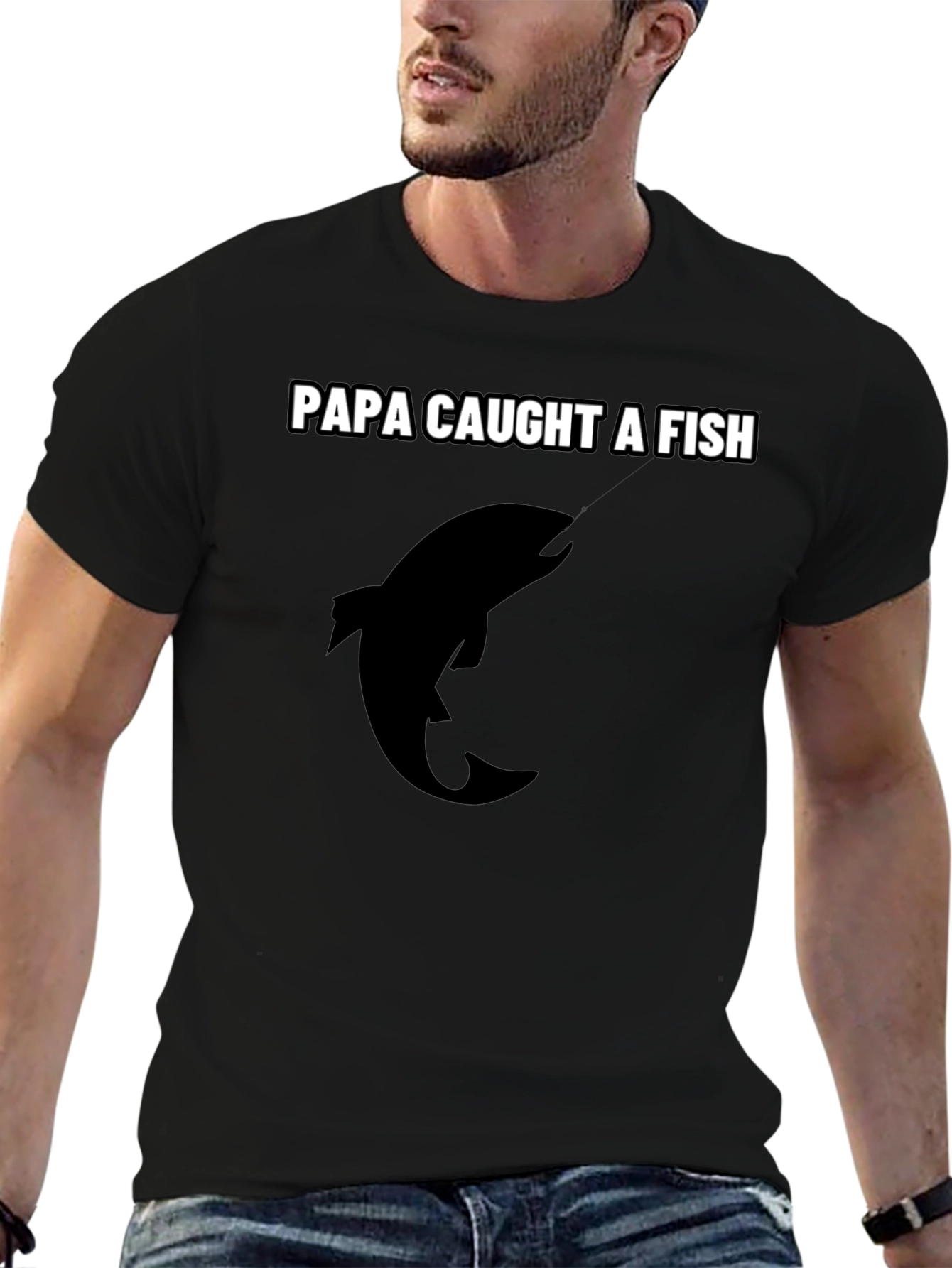 Black Papa Caught a Fish Graphic Tee - Black Cotton view 6