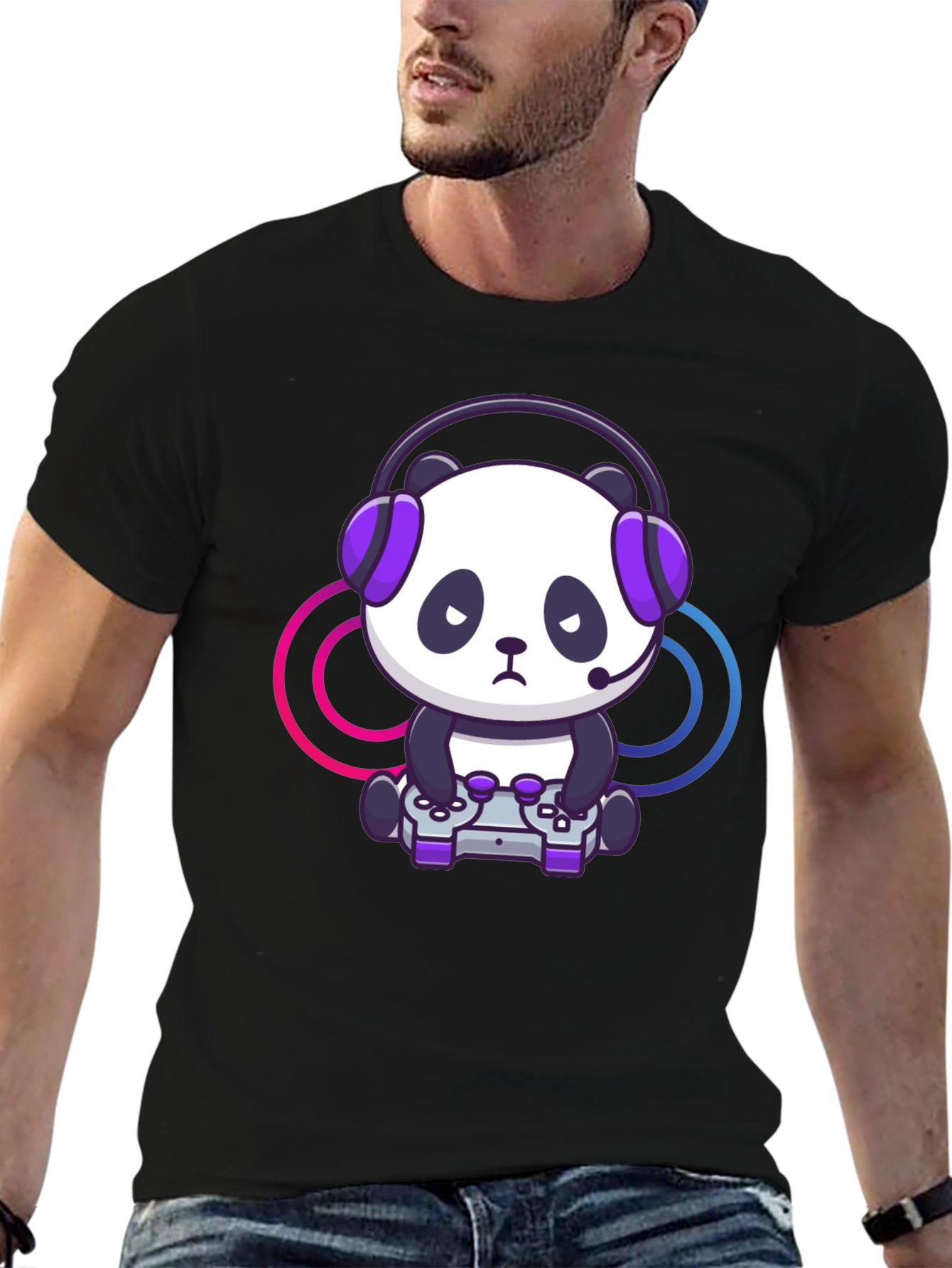 Black Gamer Panda Graphic T-Shirt - Black view 6