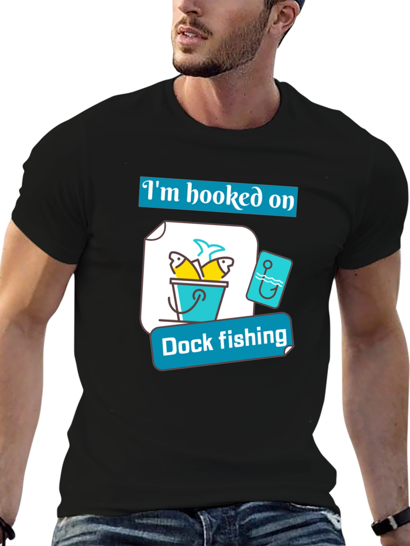 Black Hooked on Dock Fishing T-Shirt - Fisherman Gift view 6