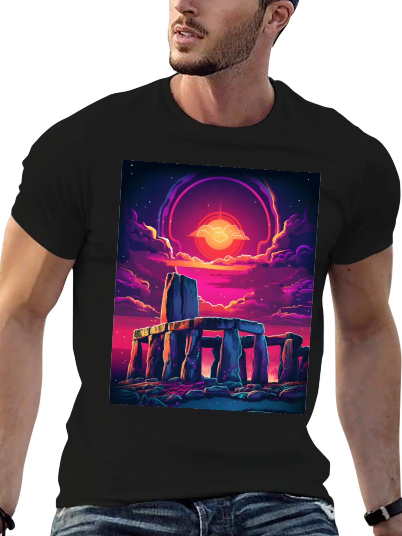 Black Stonehenge Sunset Graphic Tee - Black Cotton Blend view 6
