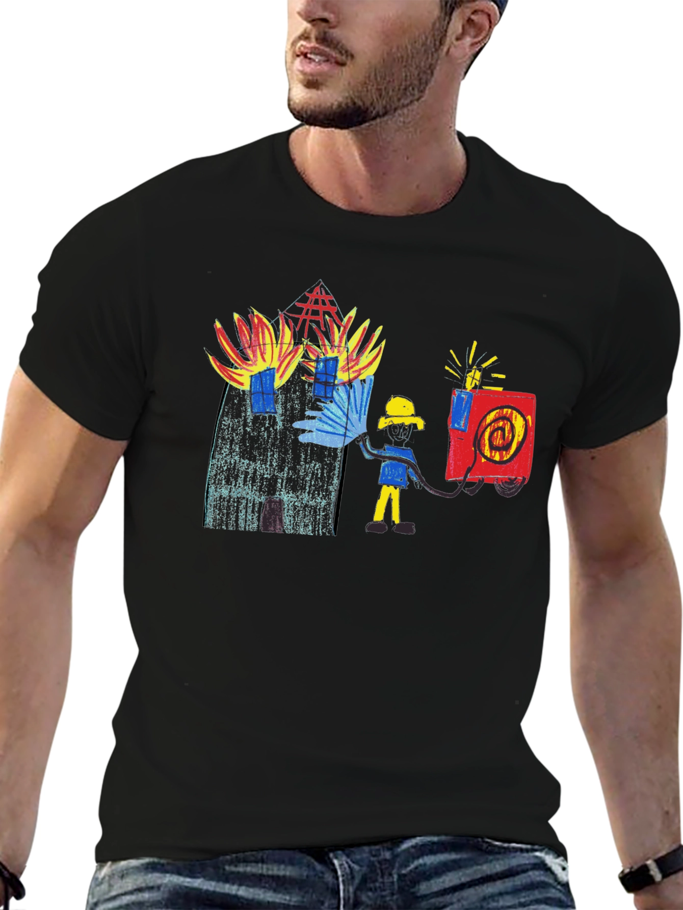 Black Fireman Drawing Graphic Black T-Shirt view 6