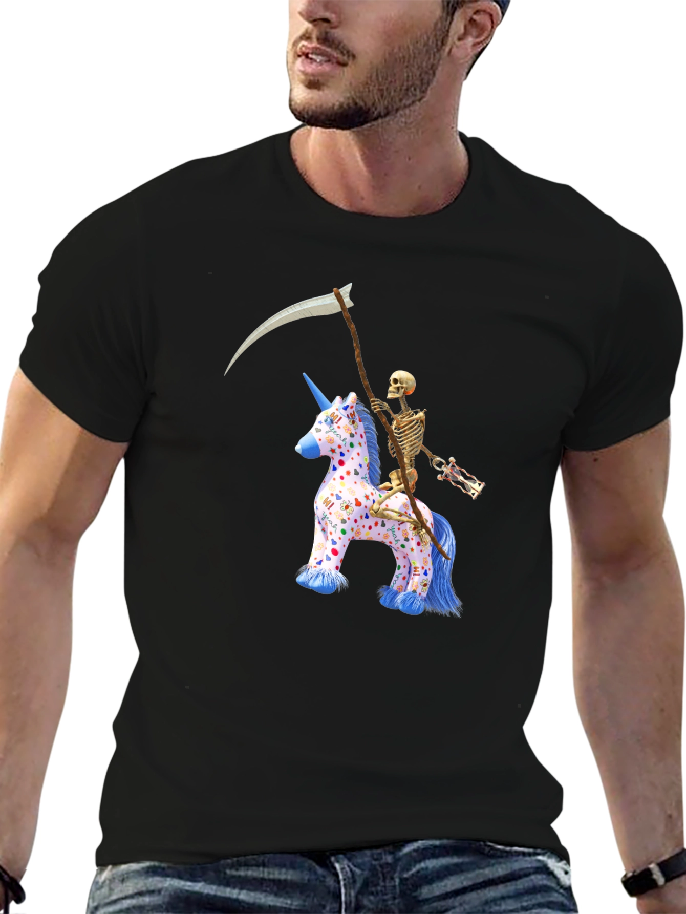 Black Skeleton Riding Unicorn T-Shirt view 6