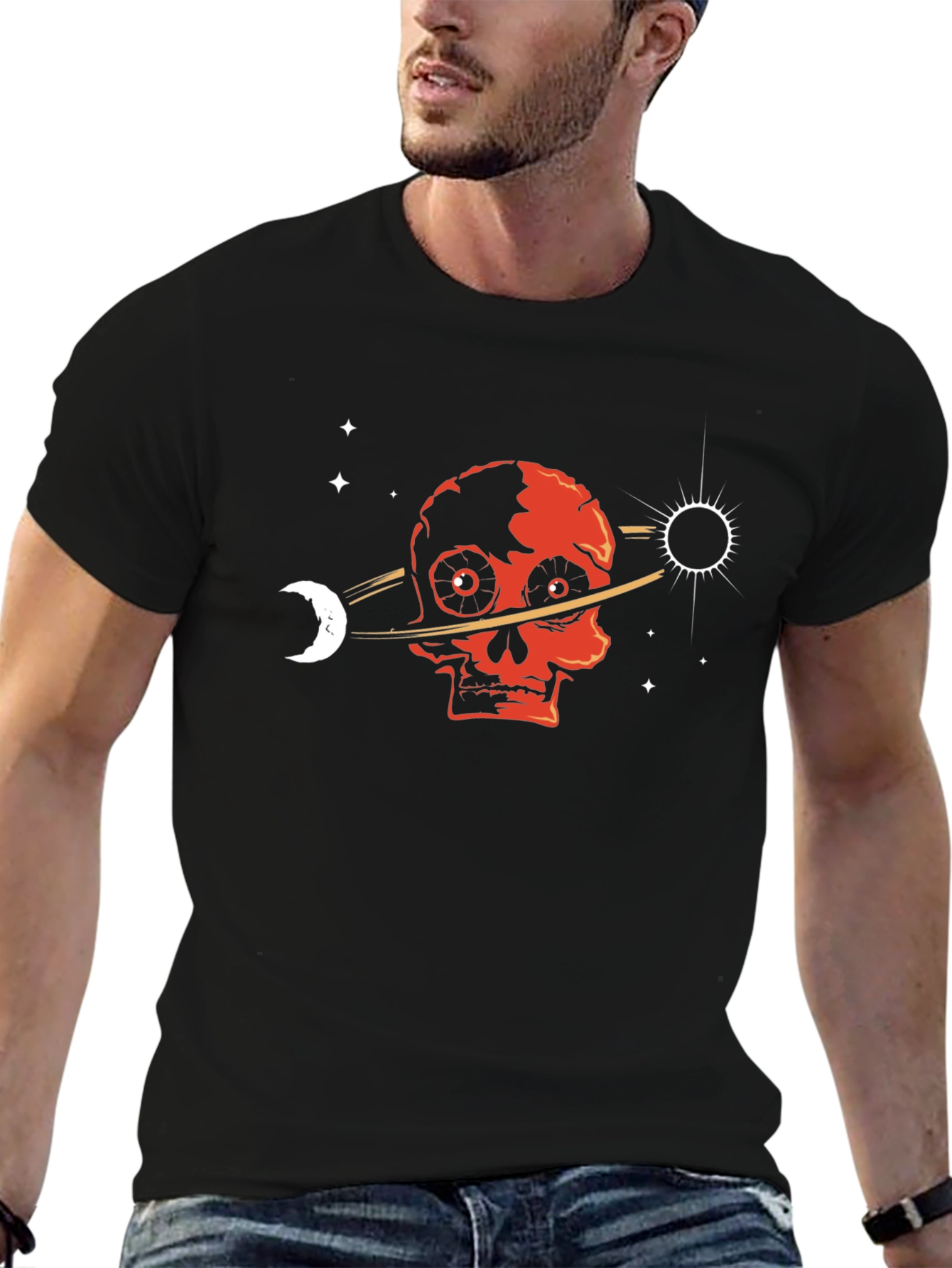 Black Skull Planet T-Shirt - Gothic Space Design view 6
