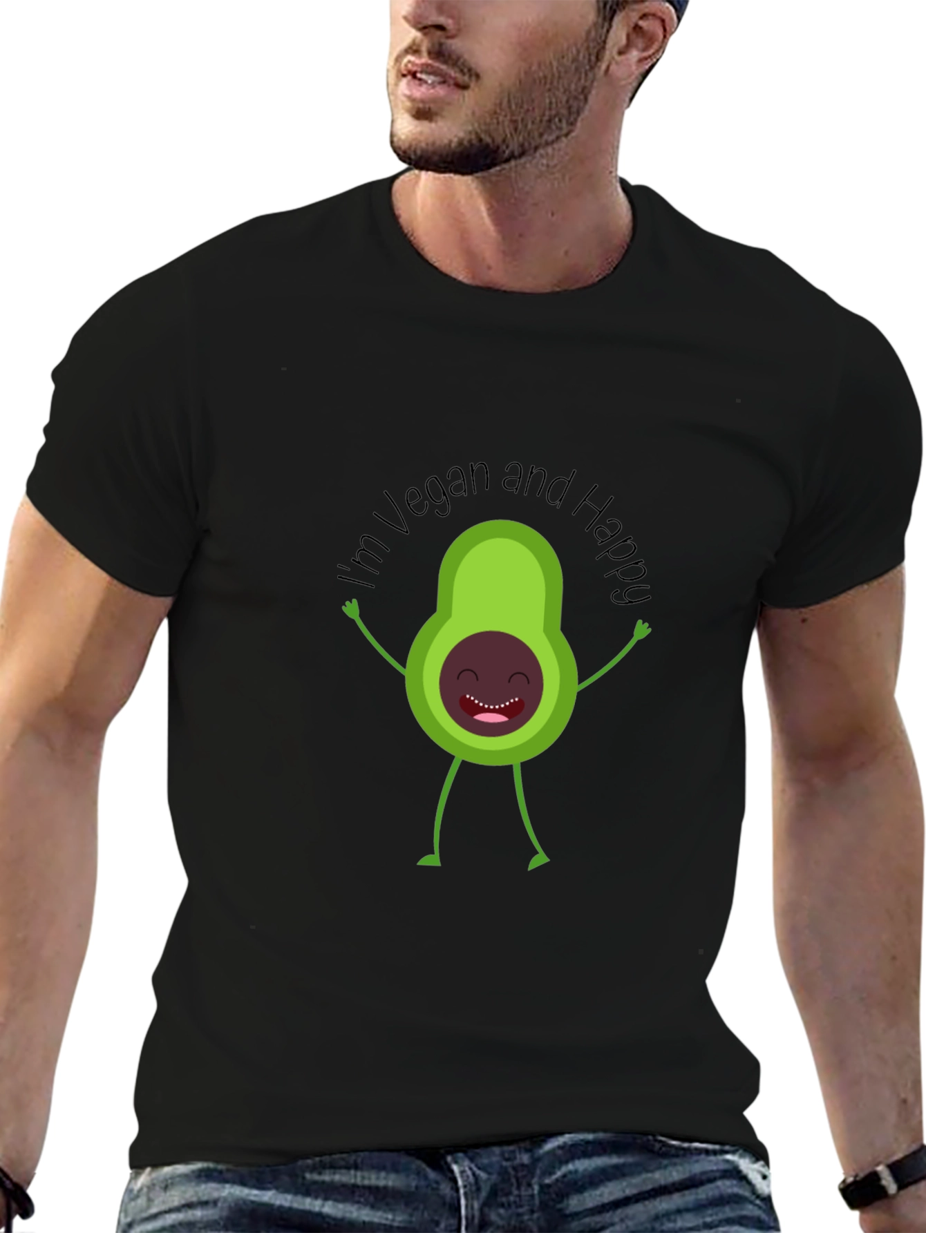 Black Vegan Avocado T-Shirt - "I'm Vegan and Happy" view 6
